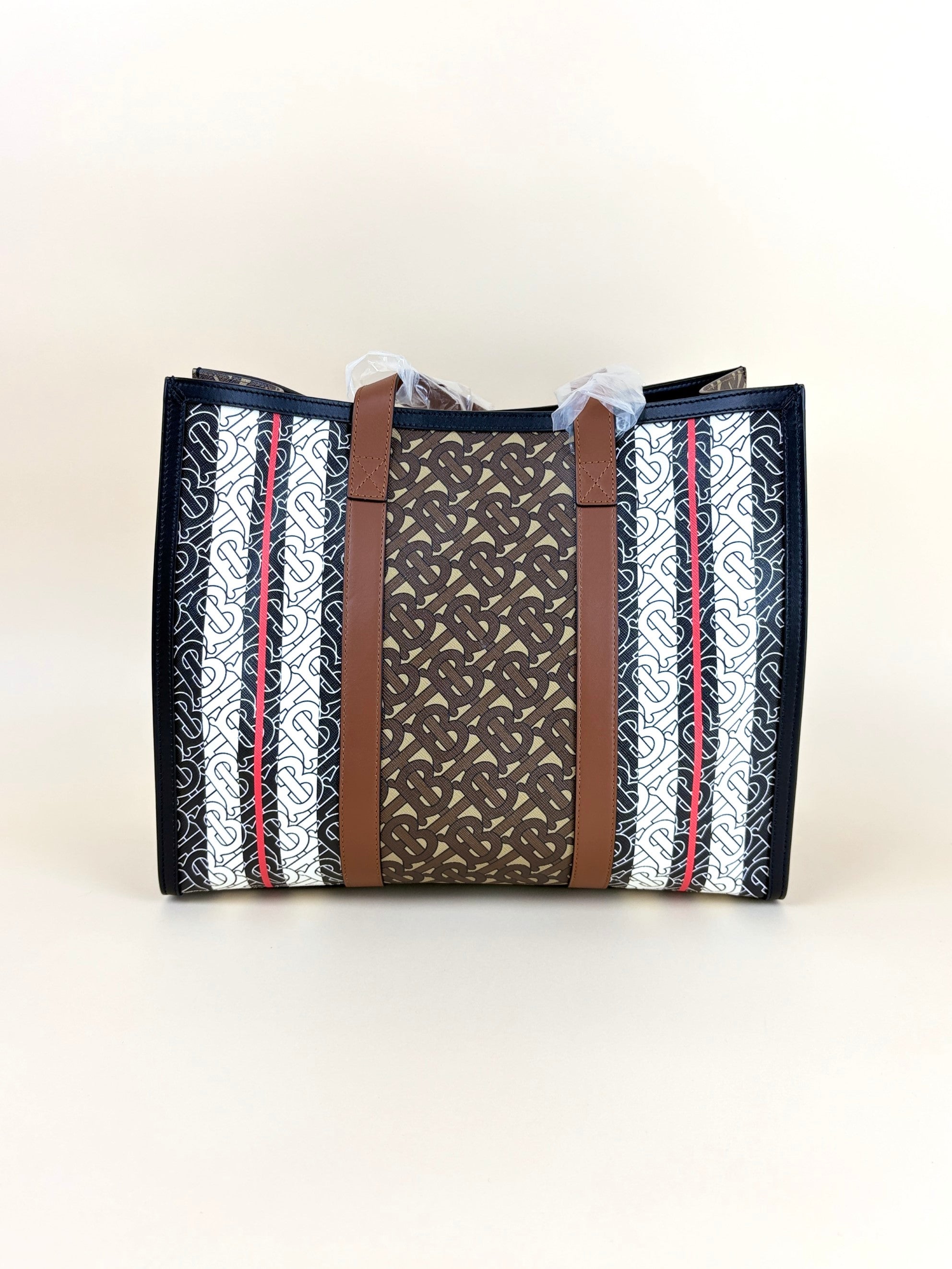 Burberry Bicolor  Monogram E Canvas Bridle Stripe Small Book Tote Bag