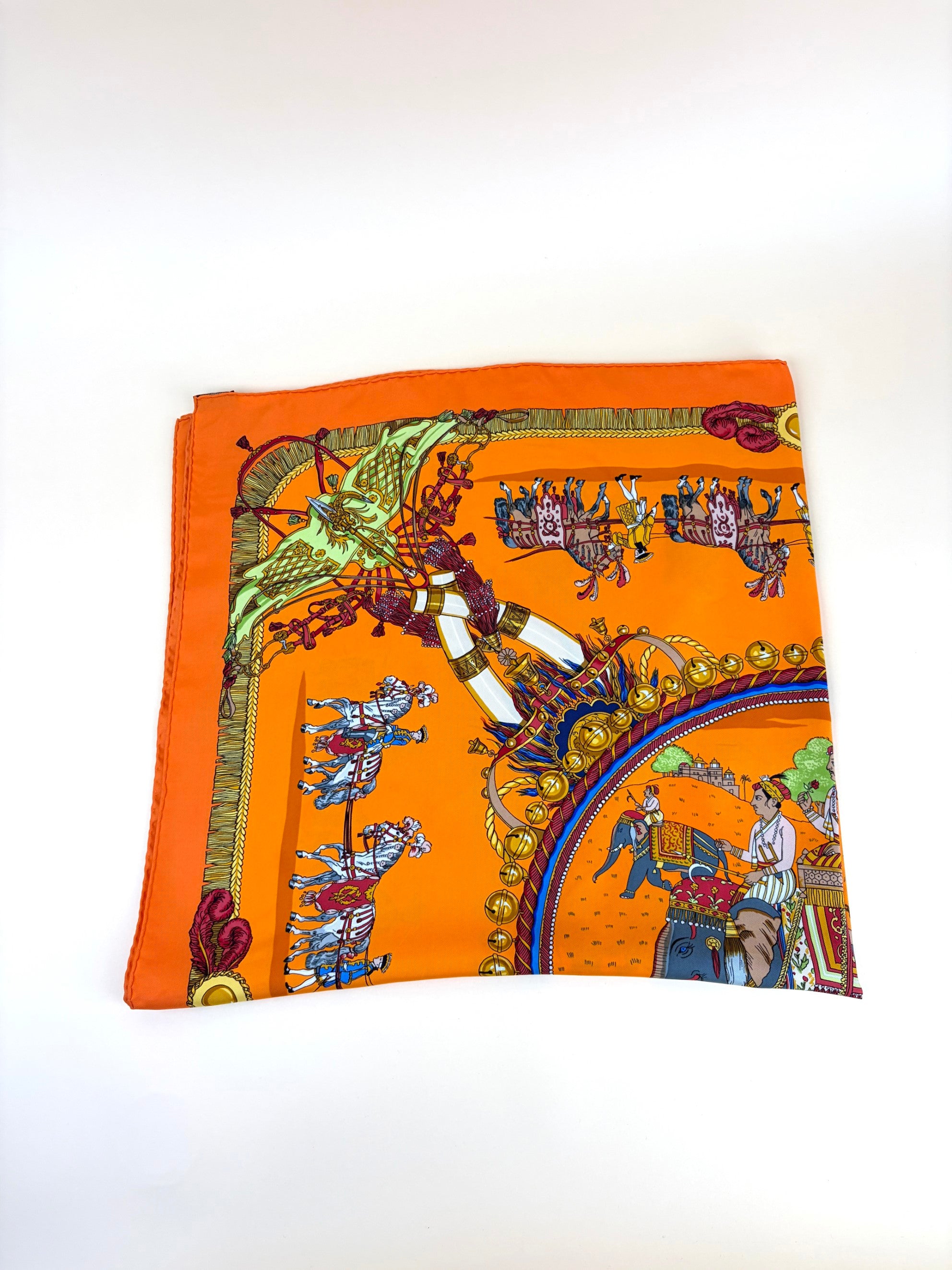Hermes caparacons de la fransce et de lindie multi color orange silk scarf