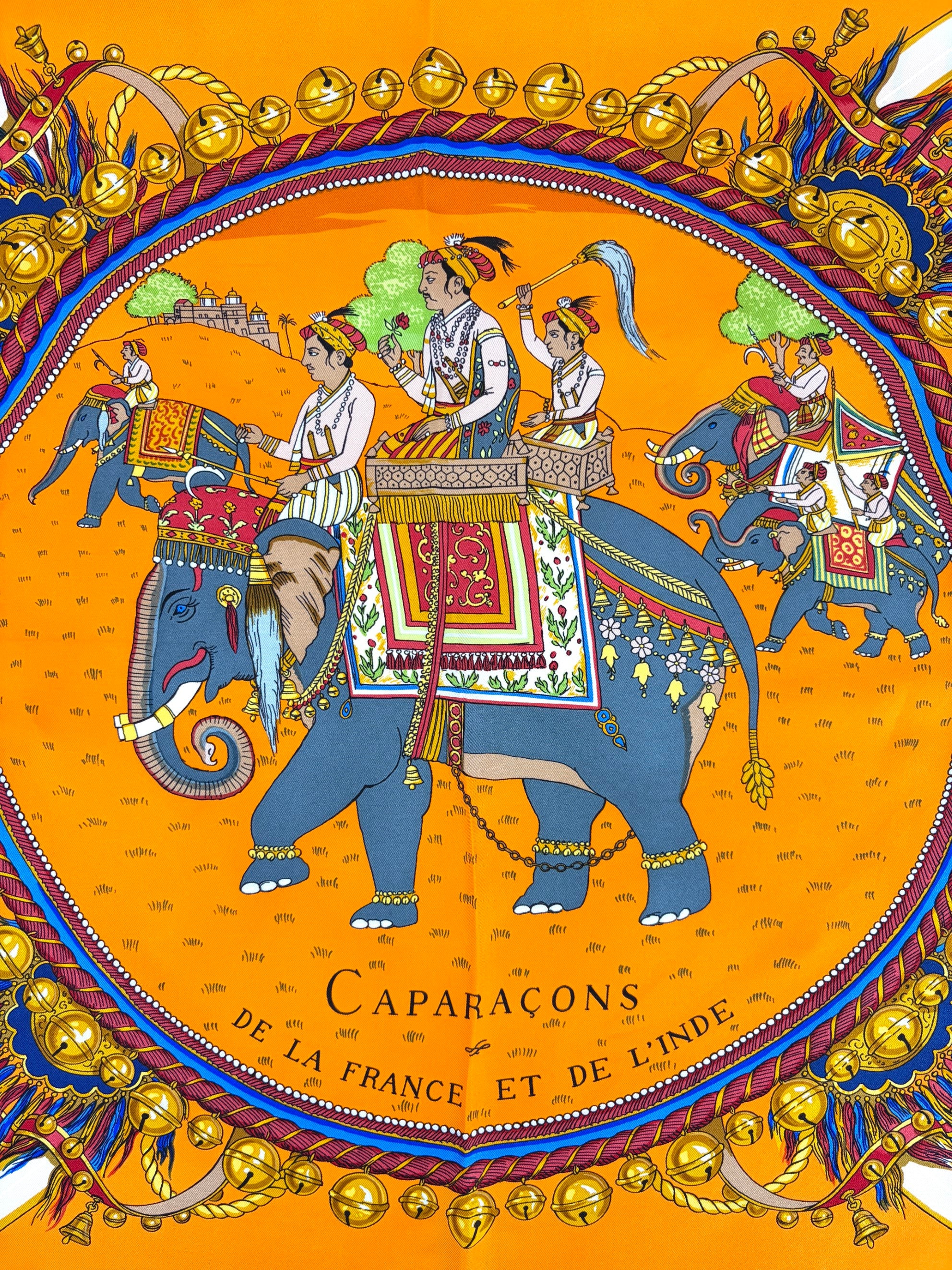 Hermes caparacons de la fransce et de lindie multi color orange silk scarf