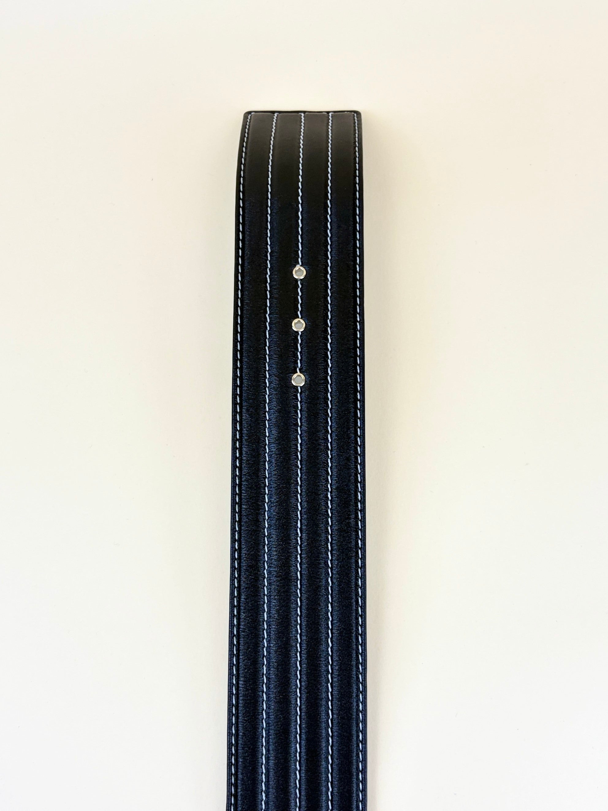 CHANEL black leather belt stitched red cc resin buckle logo