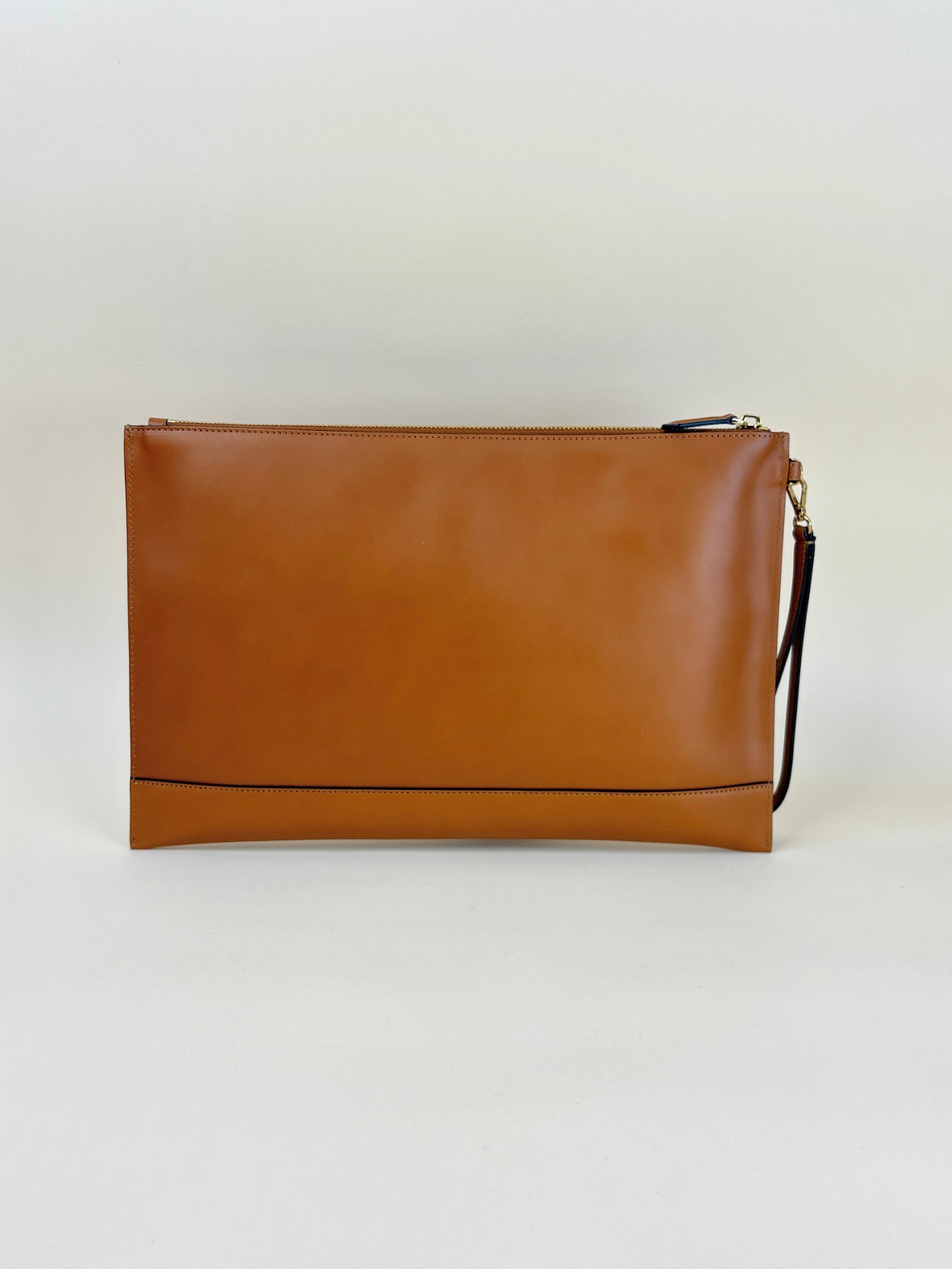 Fendi camel vitello kink Fendi roma logo embossed flat pouch