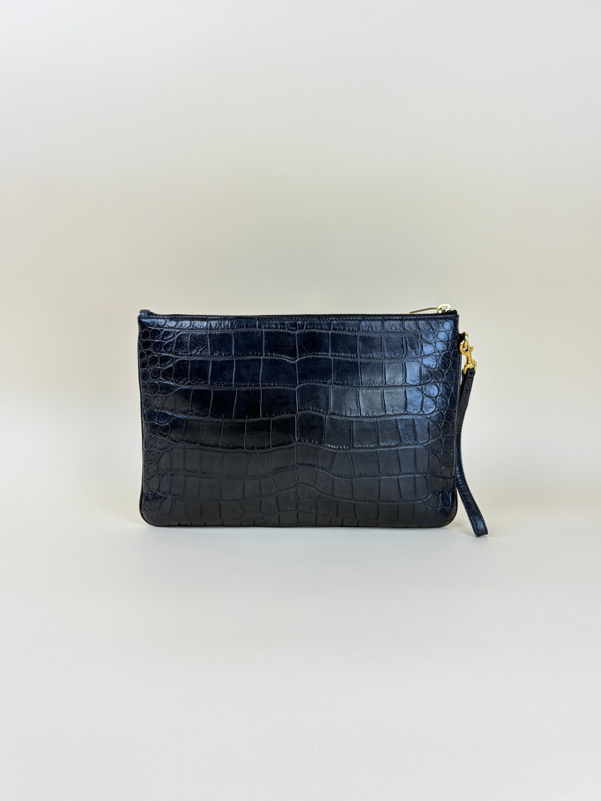 ysl tablet pouch in black crocodile embossed leather gold Cassandre logo flat pouch