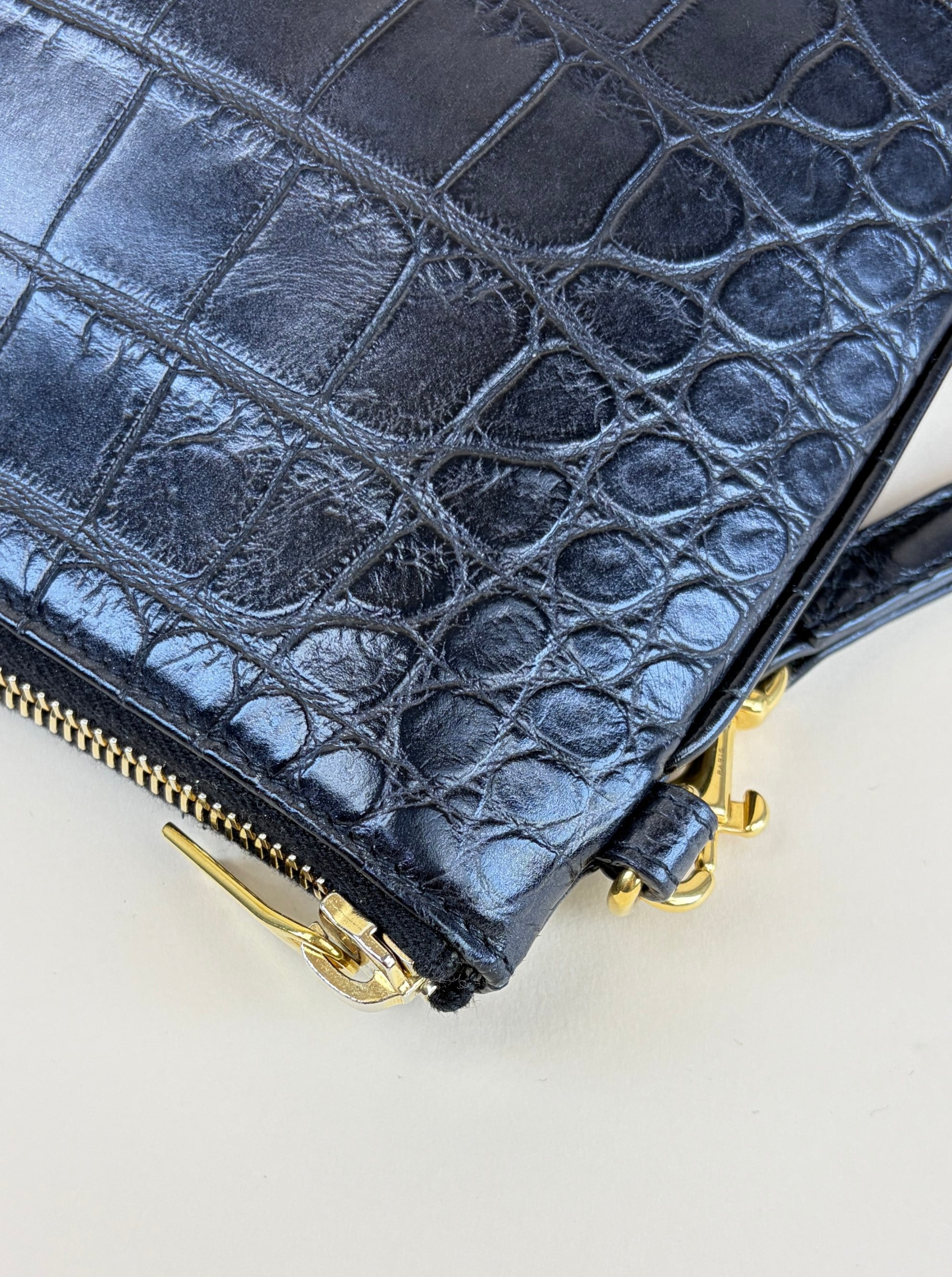 ysl tablet pouch in black crocodile embossed leather gold Cassandre logo flat pouch