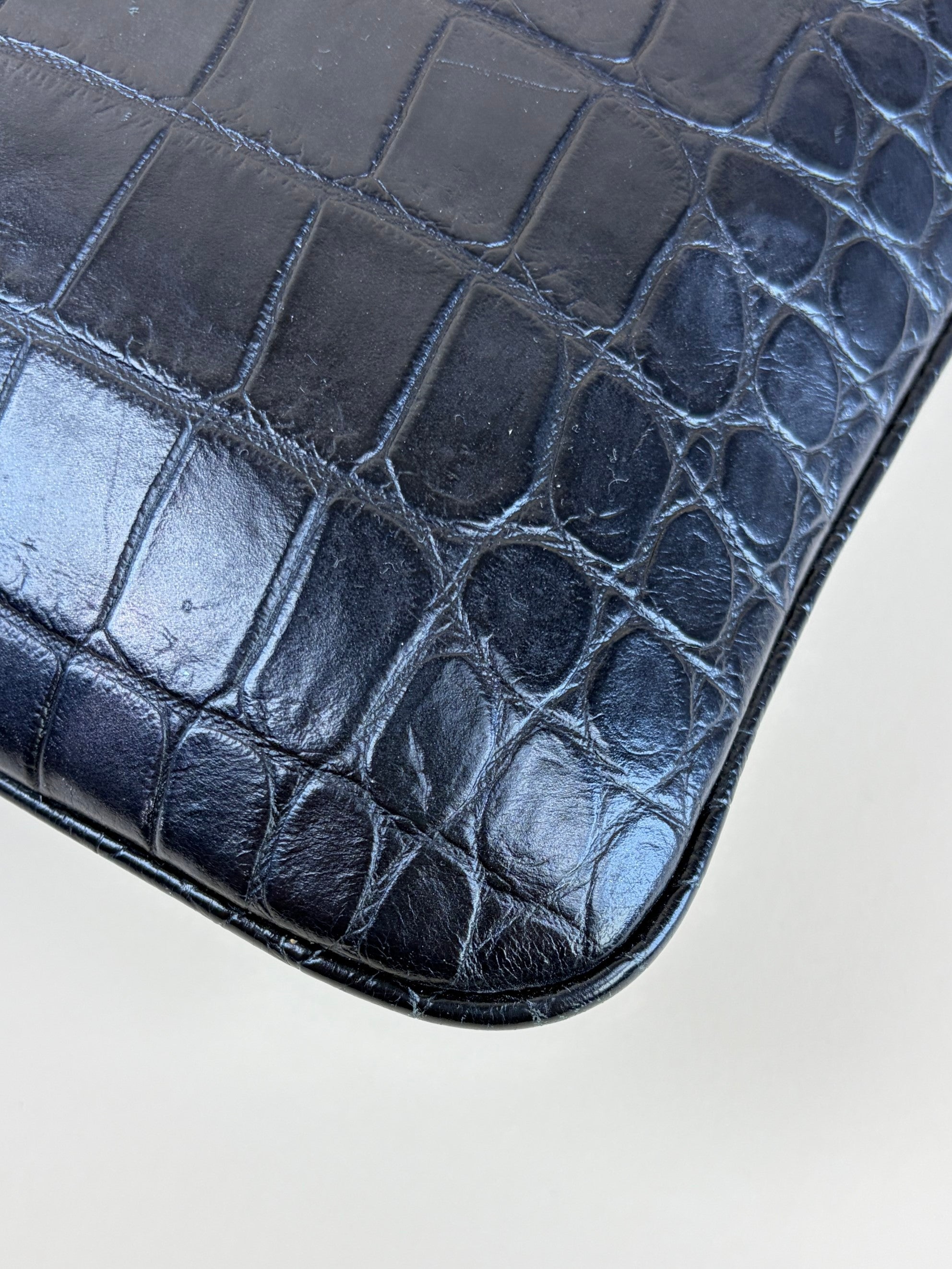 ysl tablet pouch in black crocodile embossed leather gold Cassandre logo flat pouch