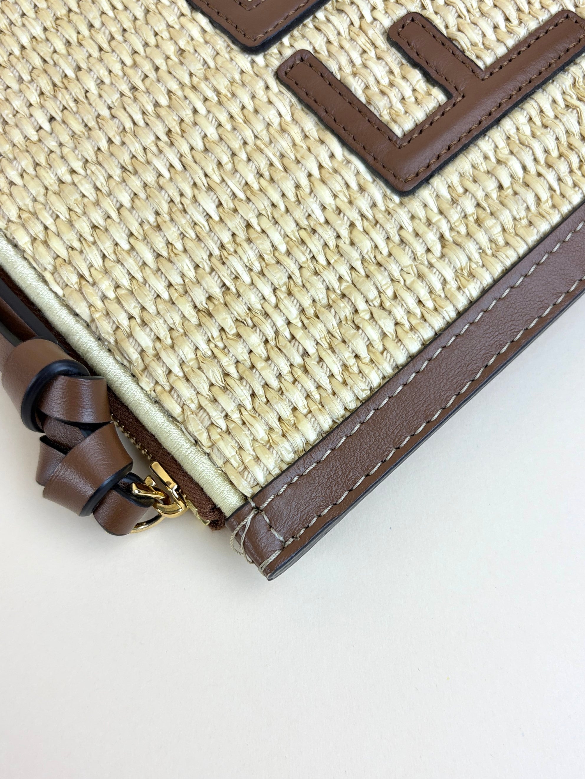 Fendi beige raffia roma flat pouch