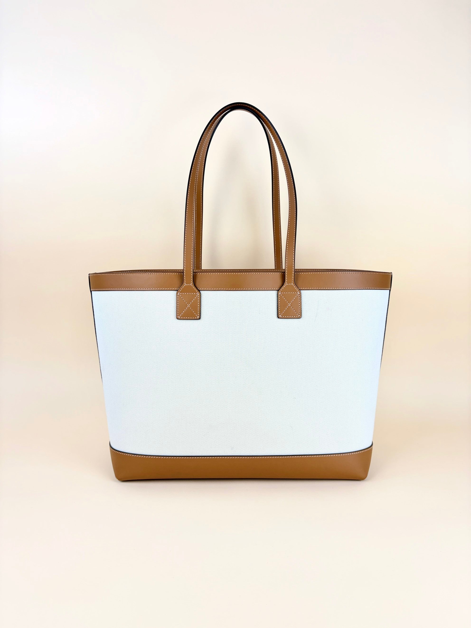 Burberry euro camel leather tirmed white canvas md London tote bag