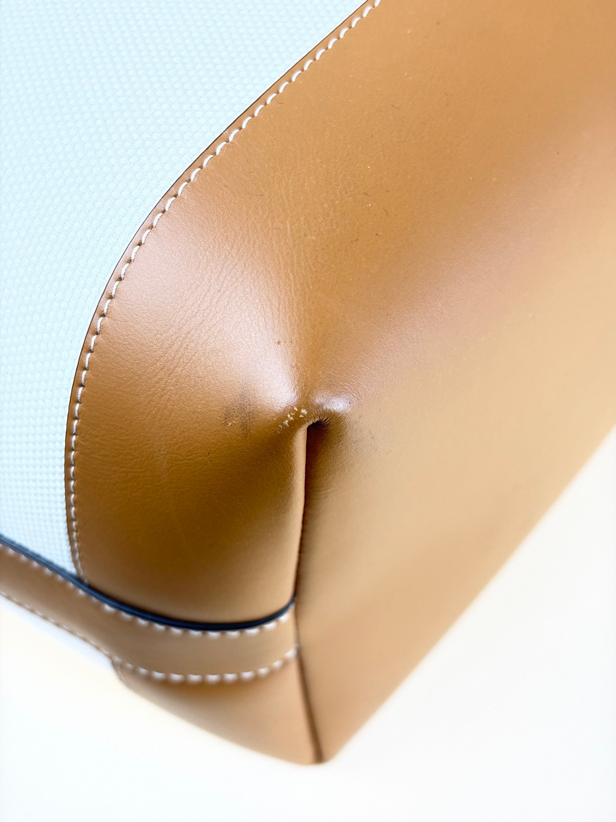 Burberry euro camel leather tirmed white canvas md London tote bag