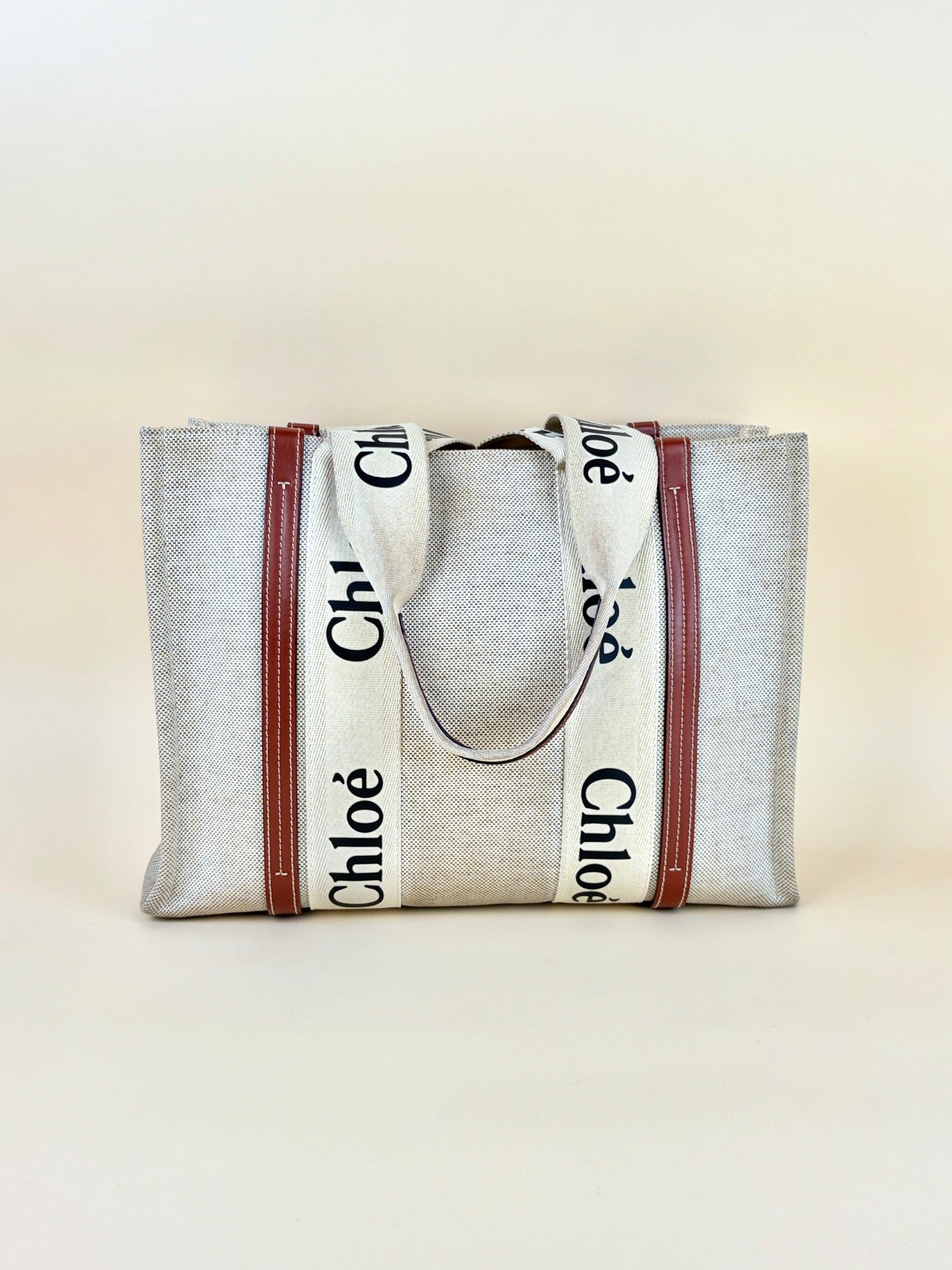 Chloe white linen and brown calfskin medium woody tote bag