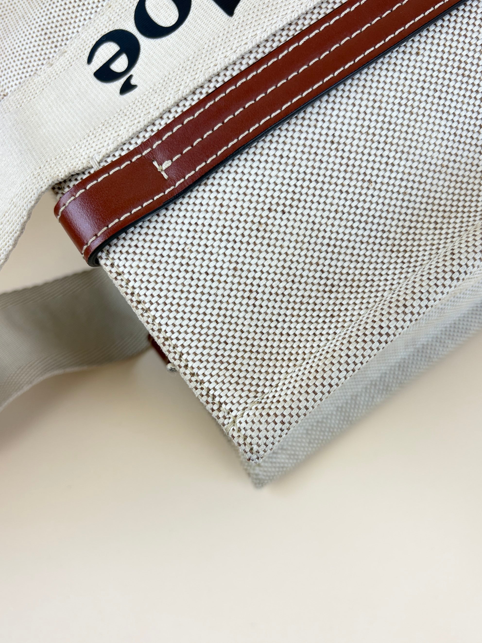 Chloe white linen and brown calfskin medium woody tote bag