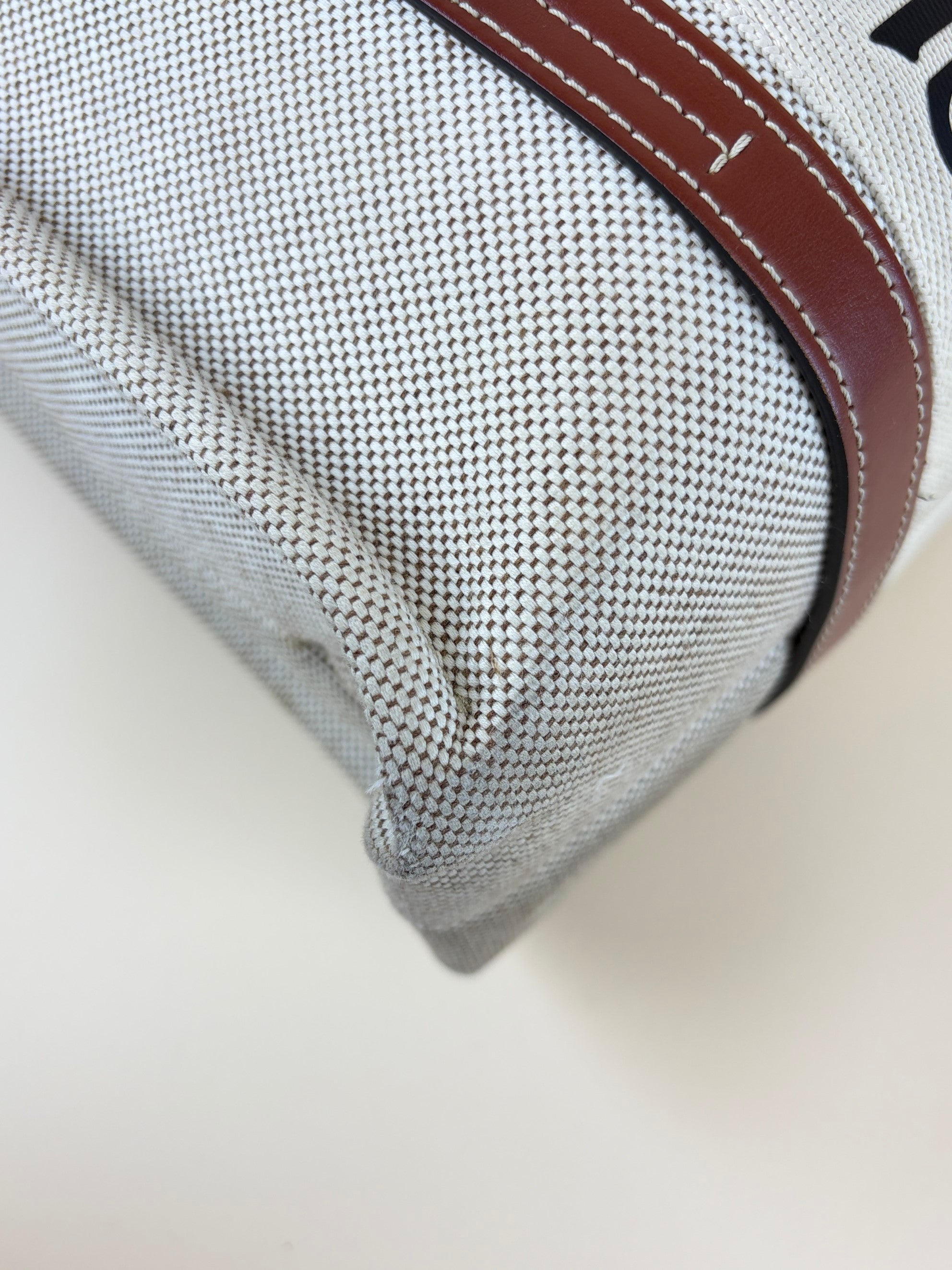 Chloe white linen and brown calfskin medium woody tote bag