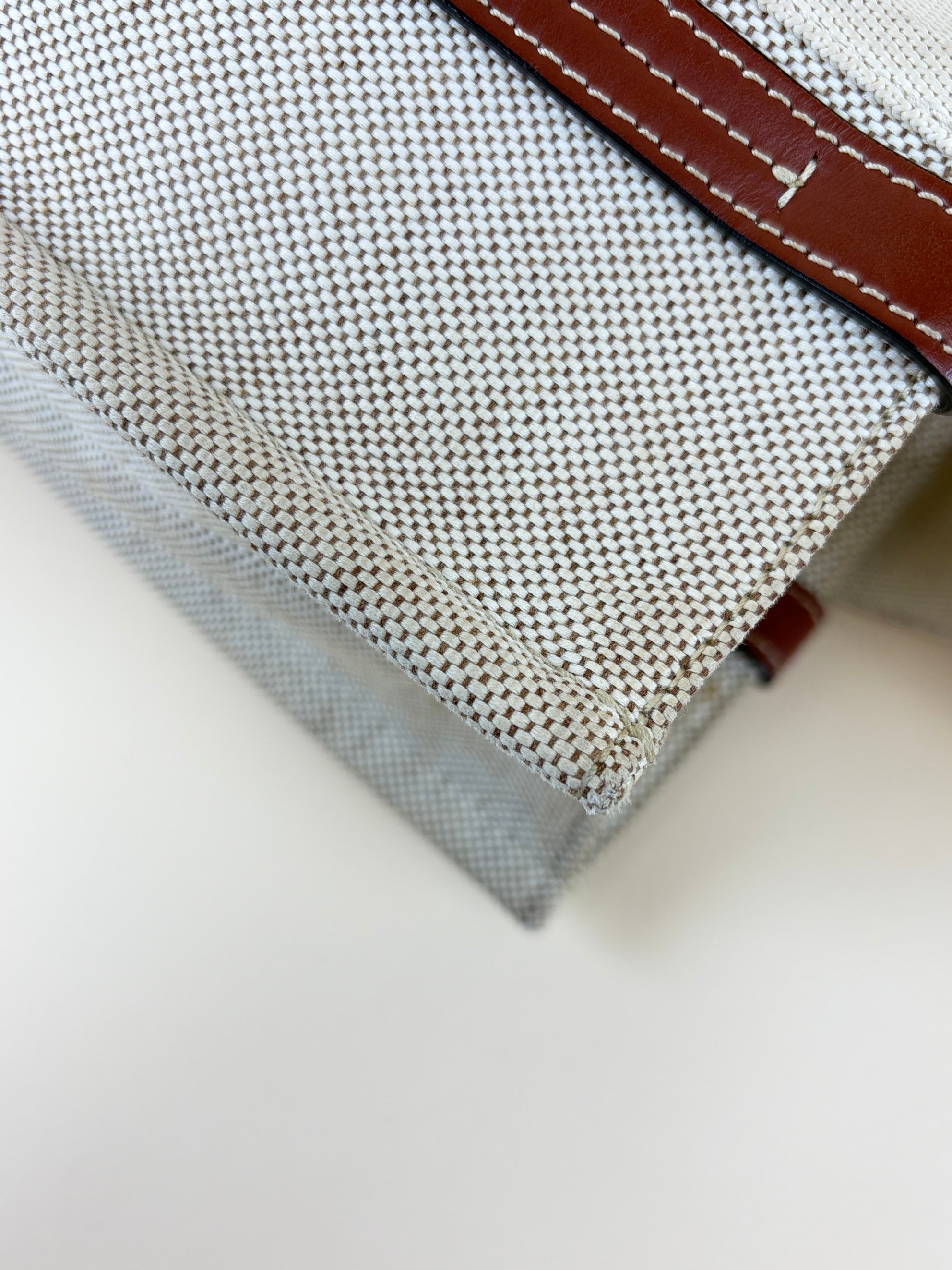 Chloe white linen and brown calfskin medium woody tote bag