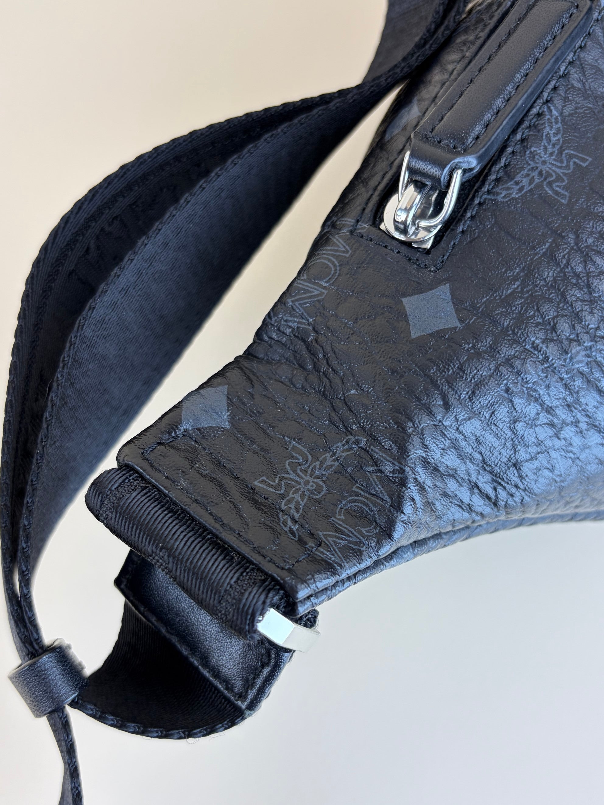 MCM black fursten in visetos medium belt bag