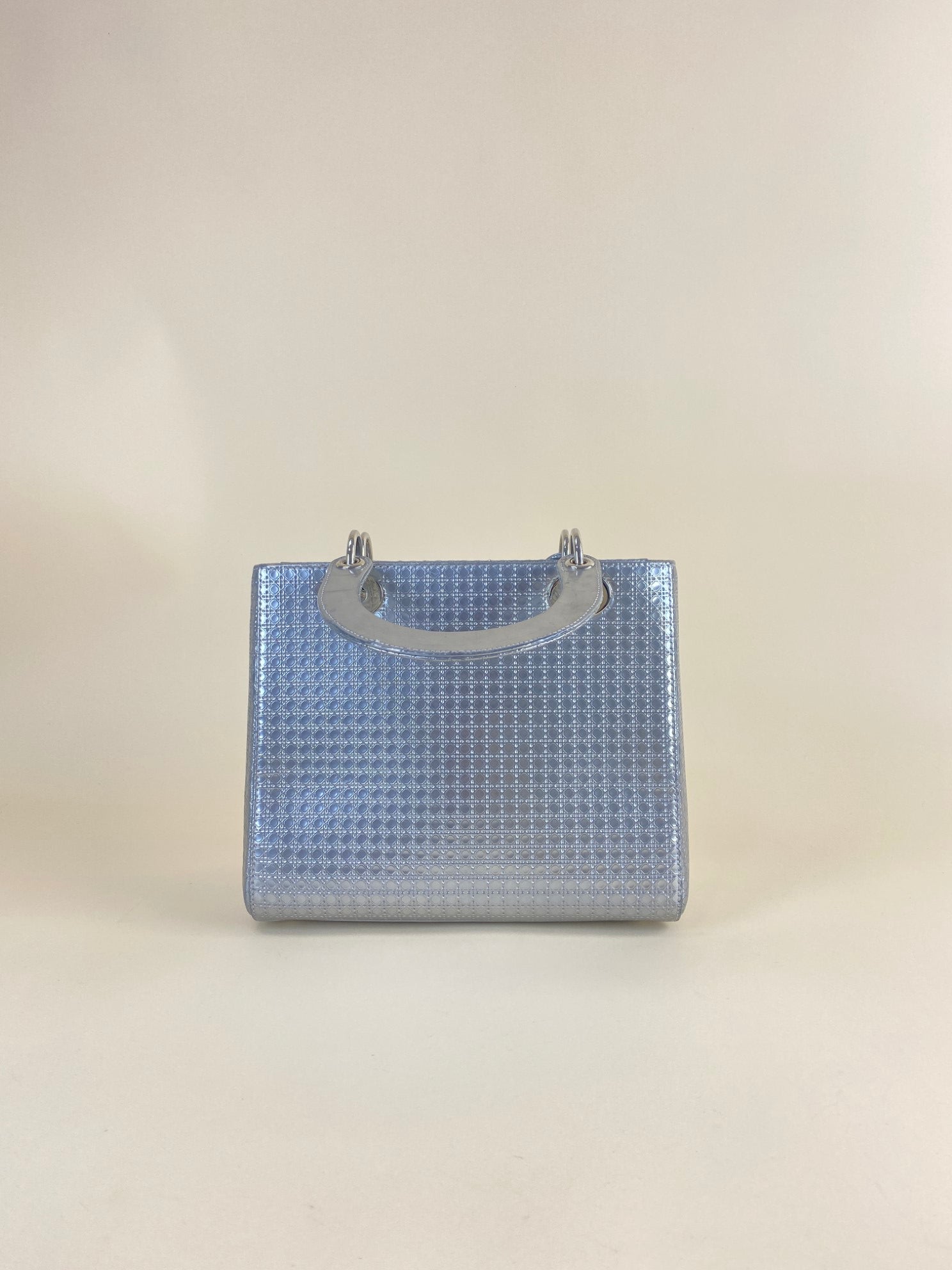 Christian Dior Metallic Silver Lady Dior Micro Cannage Medium Bag with Strap