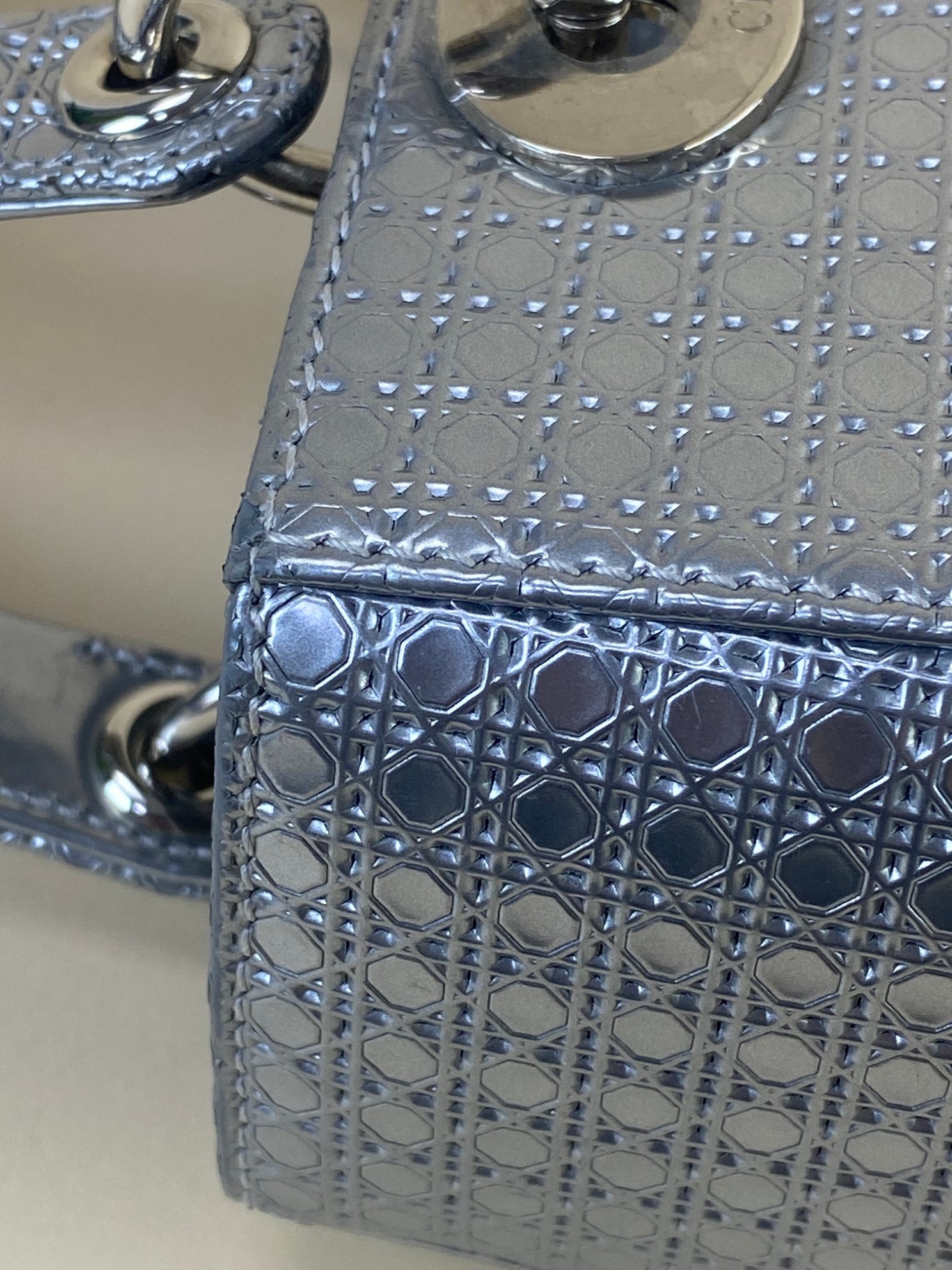 Christian Dior Metallic Silver Lady Dior Micro Cannage Medium Bag with Strap