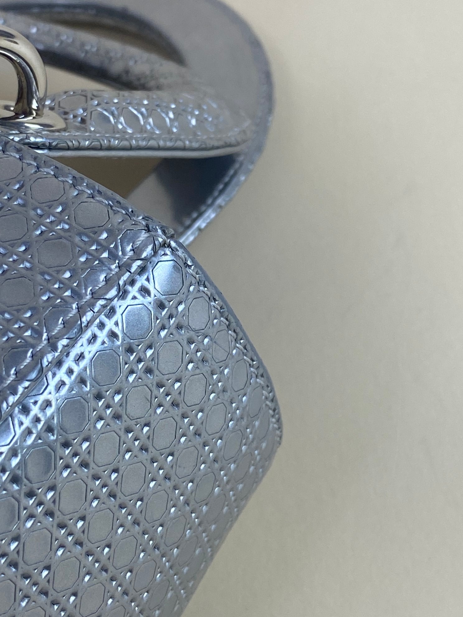 Christian Dior Metallic Silver Lady Dior Micro Cannage Medium Bag with Strap