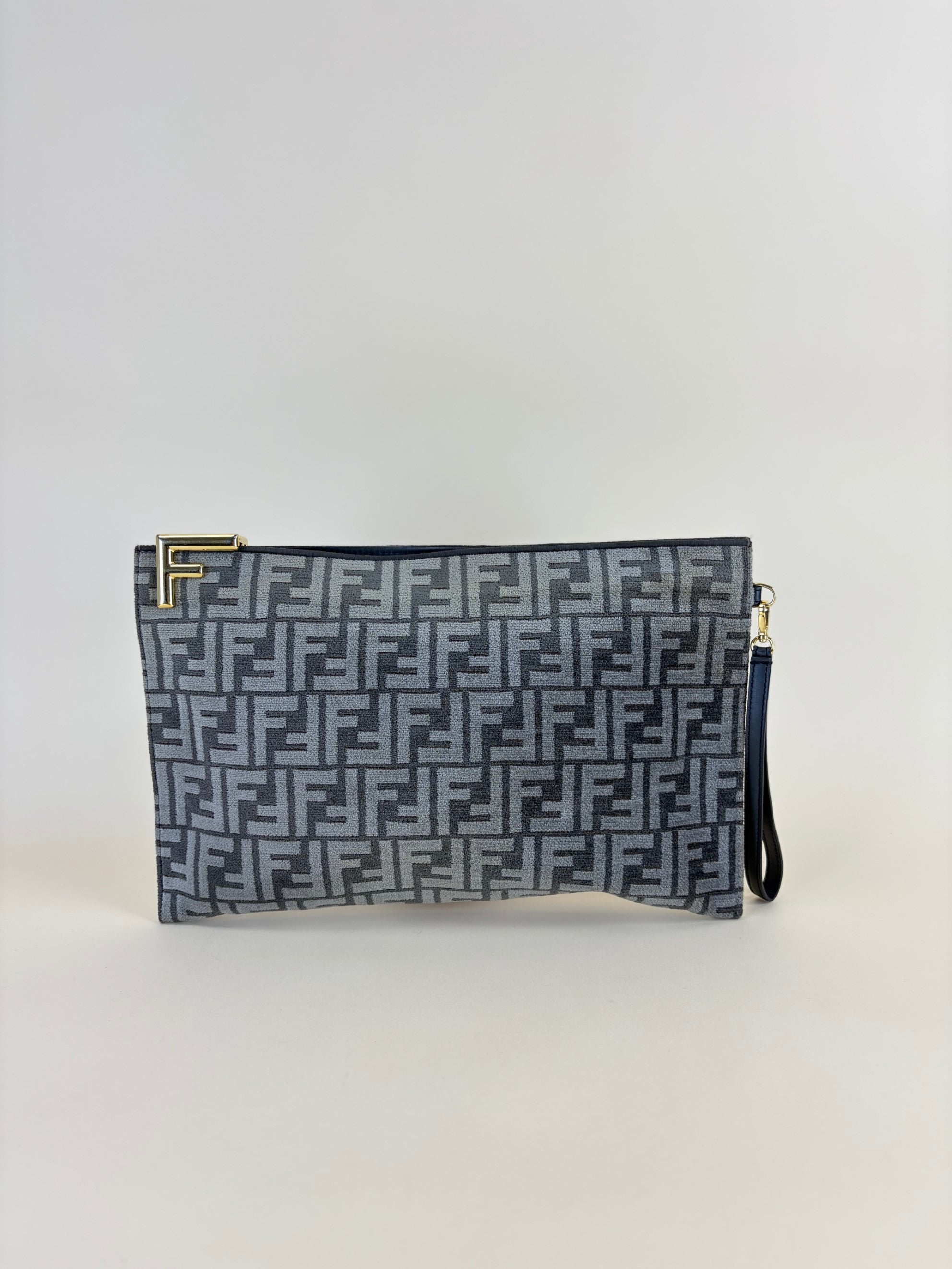 Fendi Grey Logo Plaque Monogram Jacquard Fabric Large Pouch