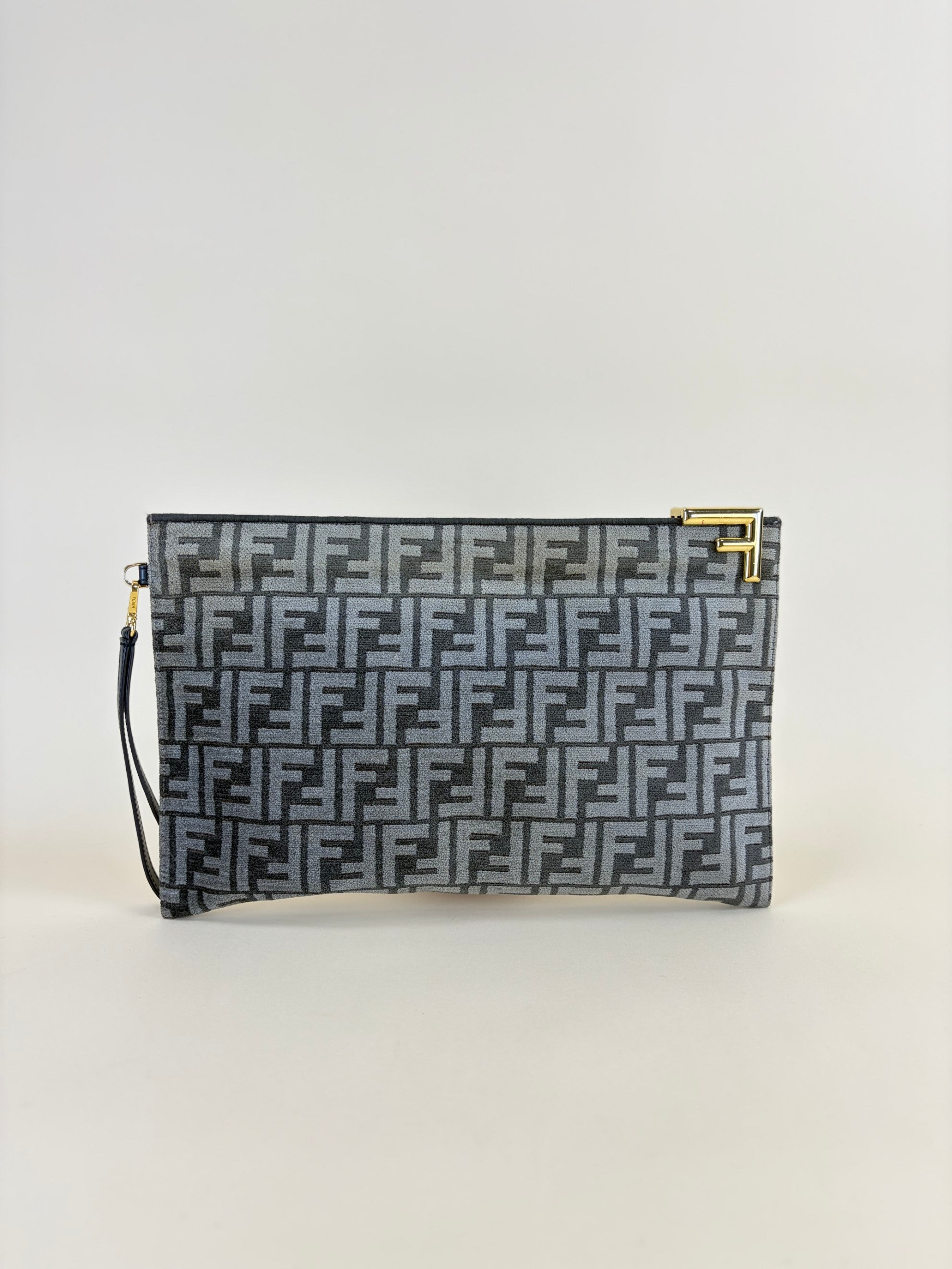 Fendi Grey Logo Plaque Monogram Jacquard Fabric Large Pouch