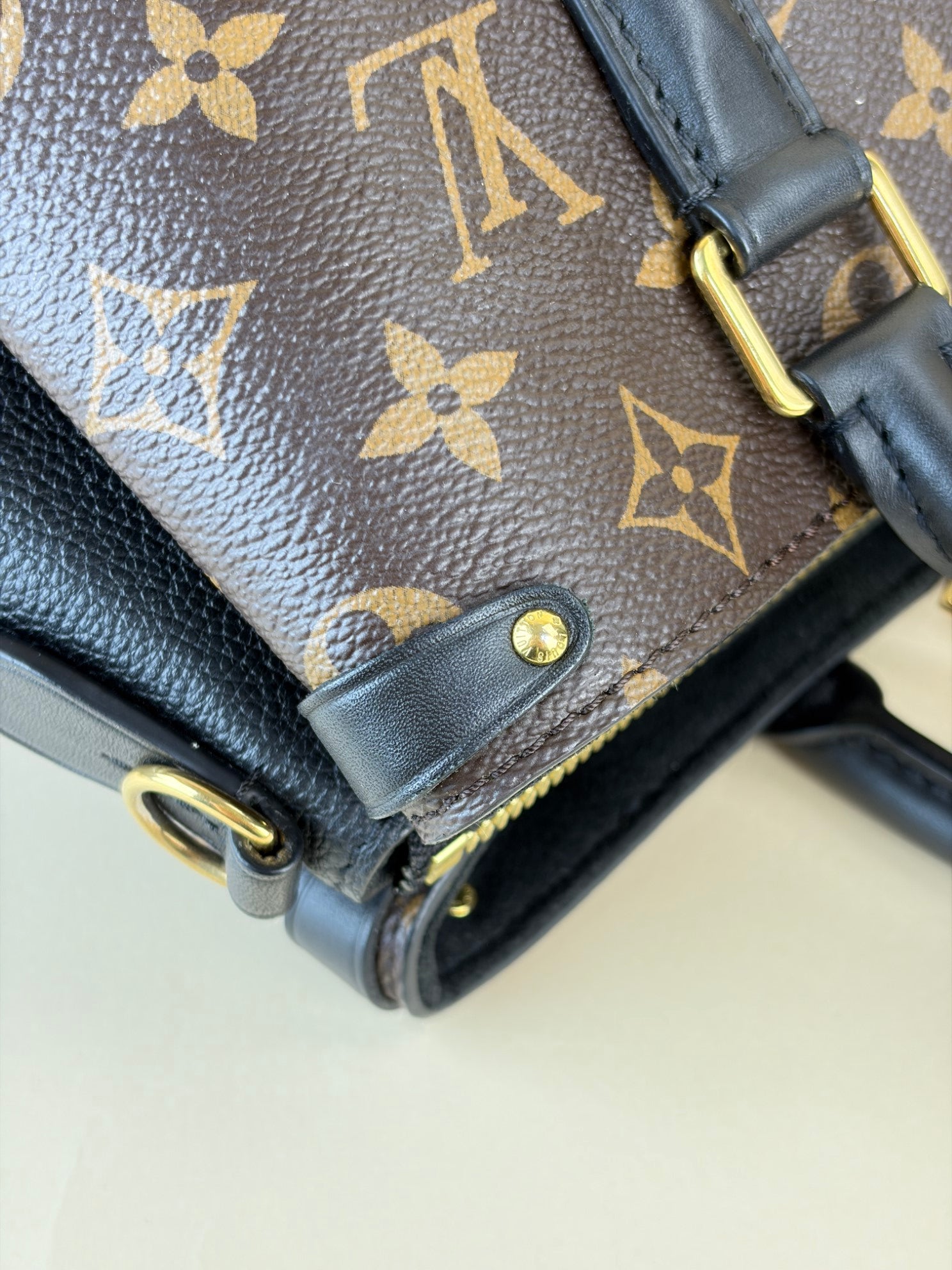 louis Vuitton black calfskin and monogram canvas Soufflot bb tote bag
