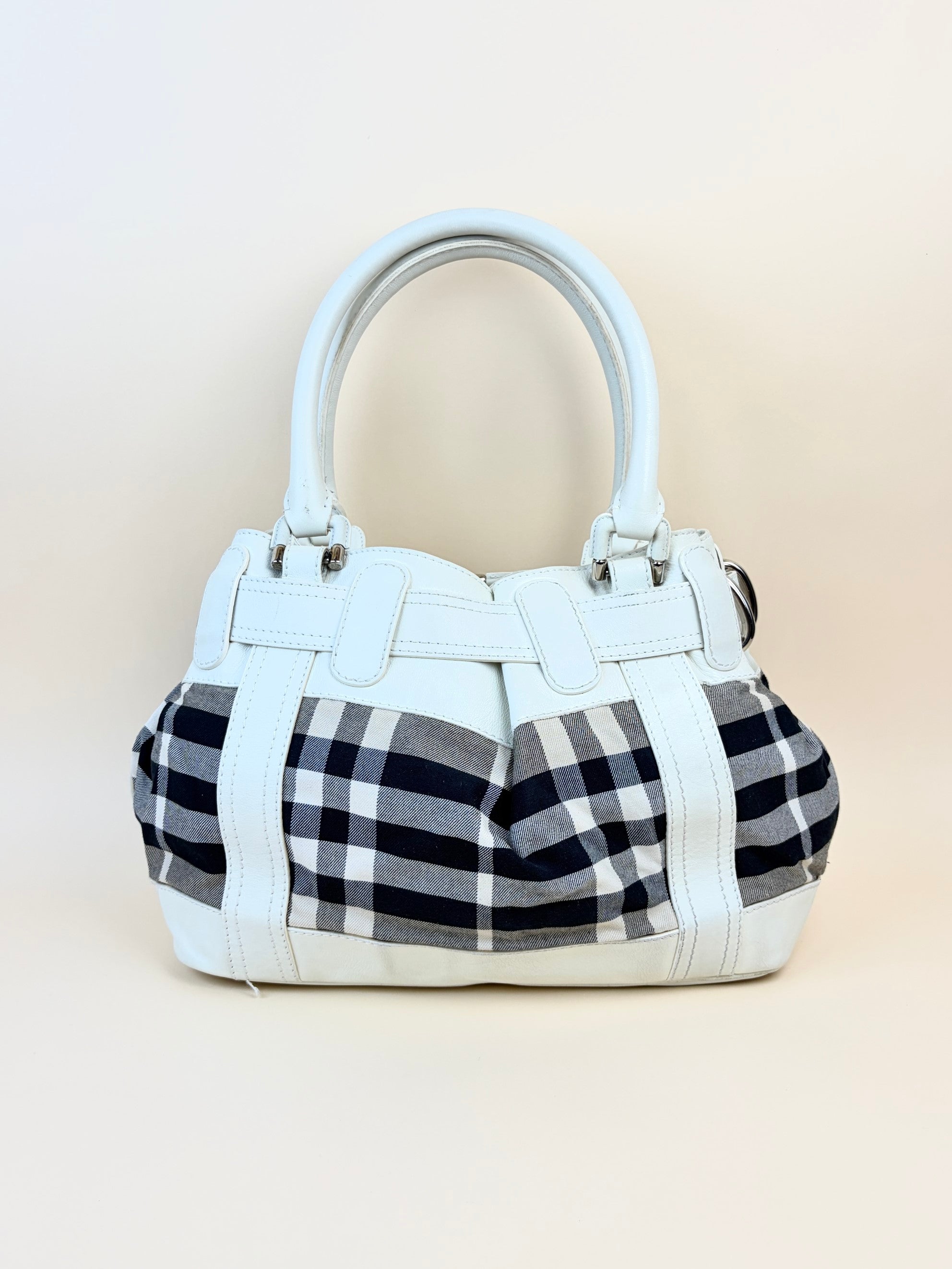 Burberry white leather nova/check large Beaton tote bag