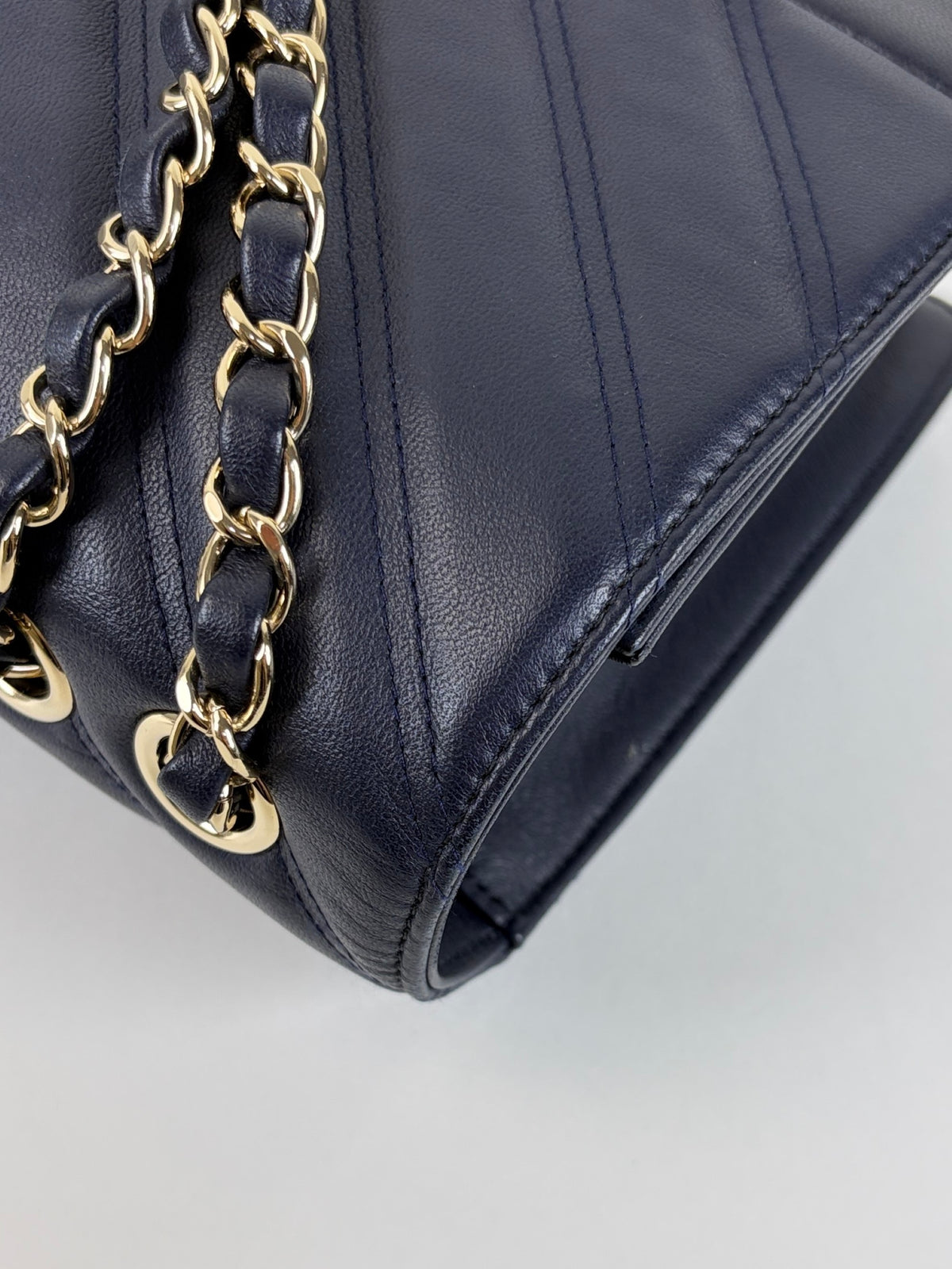 Chanel Navy blue chevron lambskin double stitch large full flap bag