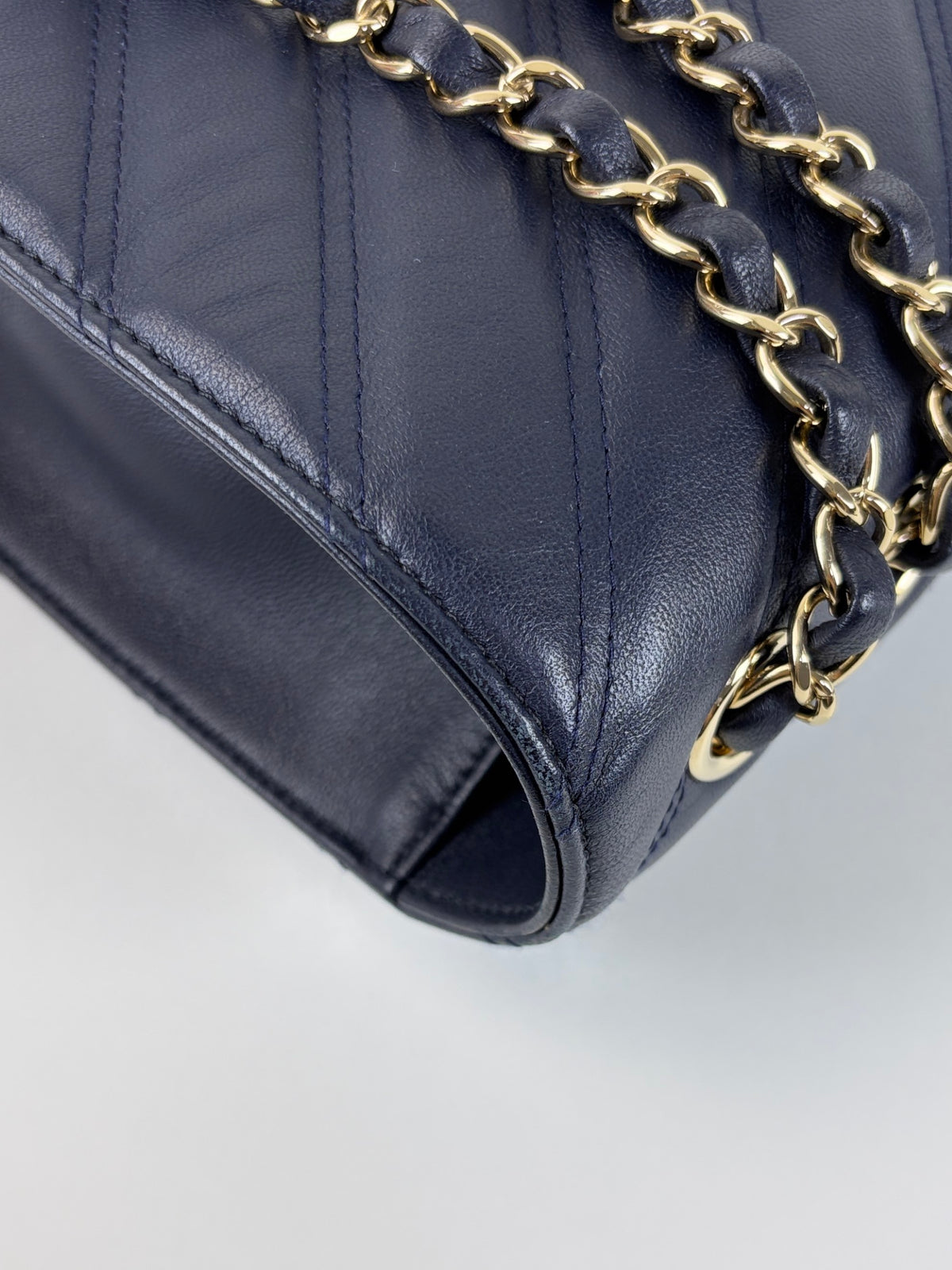 Chanel Navy blue chevron lambskin double stitch large full flap bag