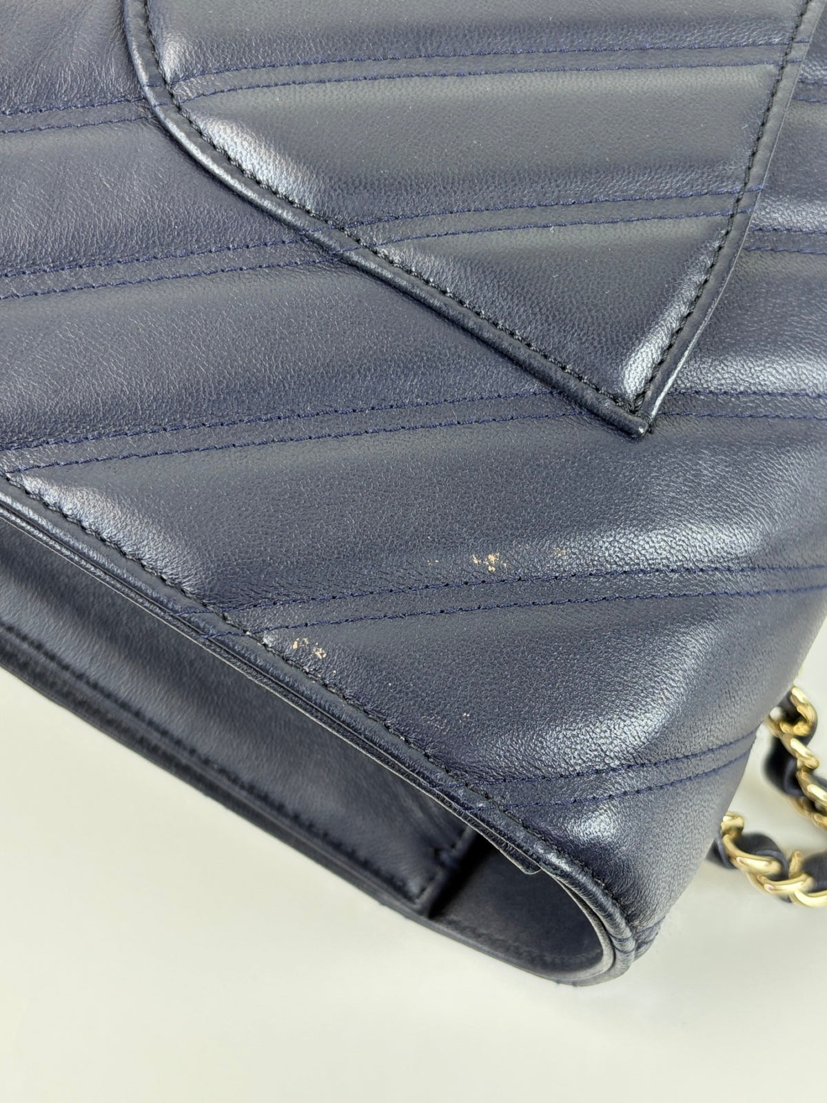 Chanel Navy blue chevron lambskin double stitch large full flap bag