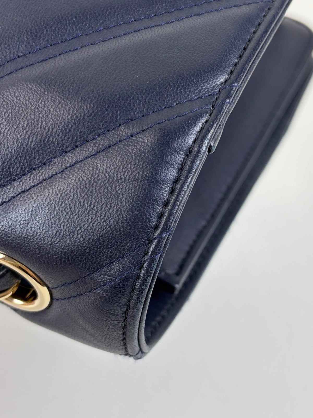 Chanel Navy blue chevron lambskin double stitch large full flap bag