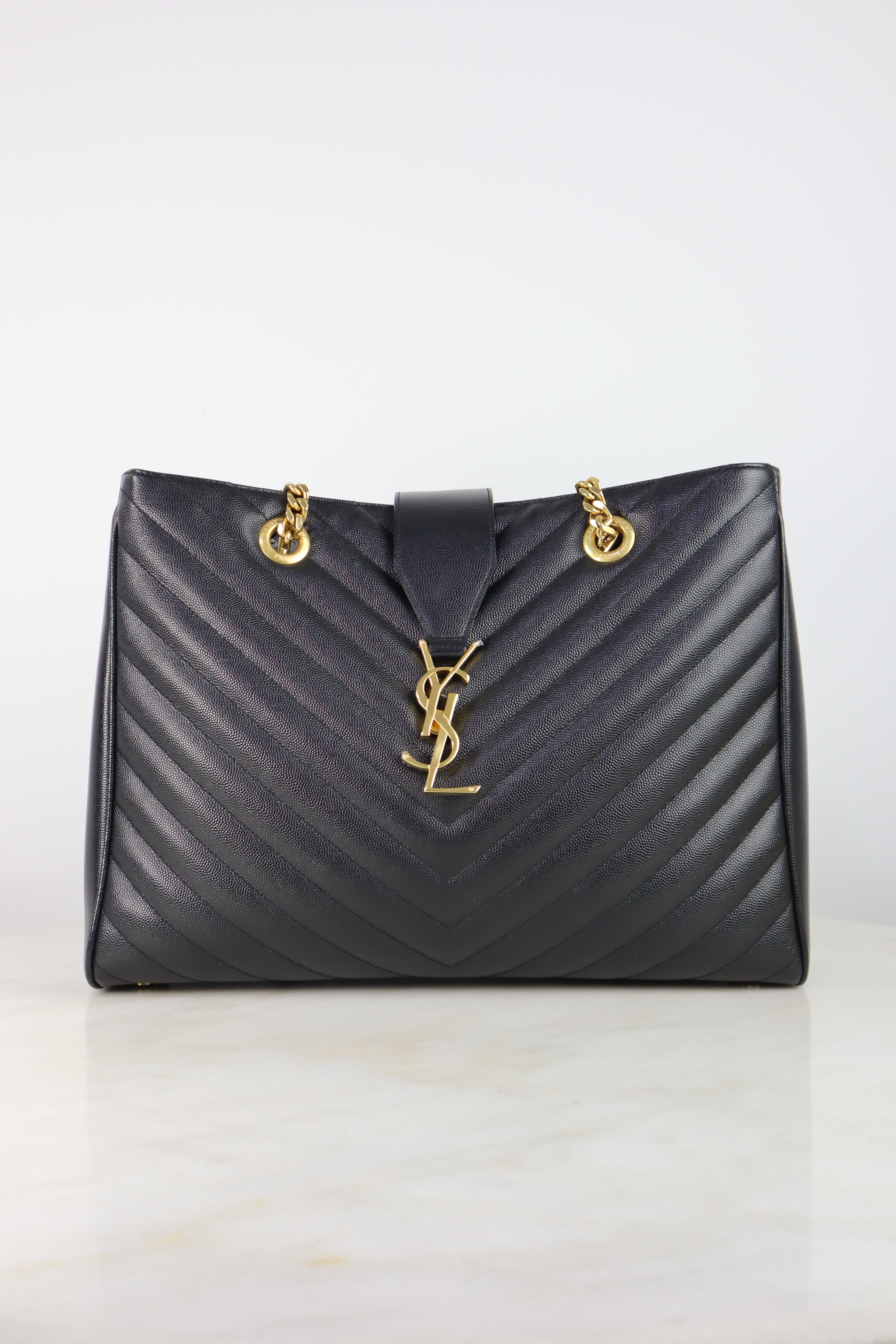 YSL Black Chevron Quilted Monogram Shopping Bag