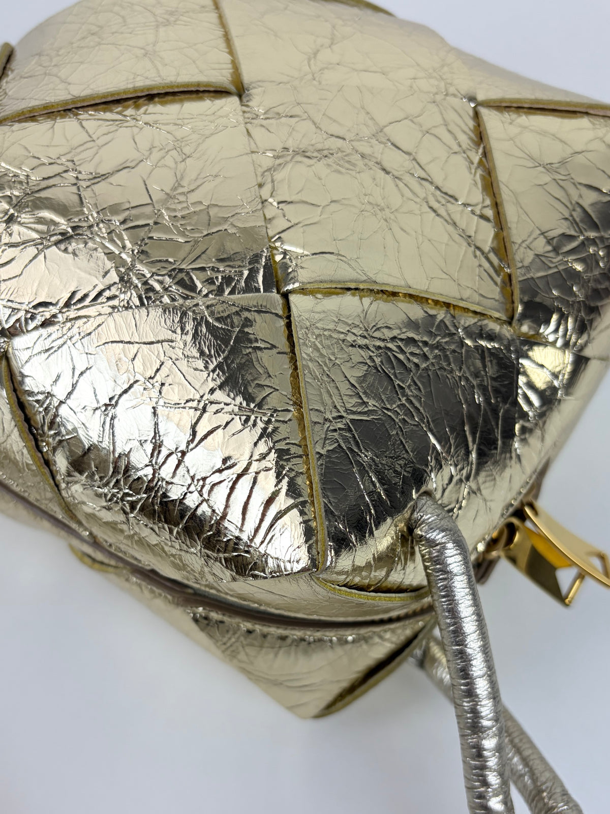 Bottega Veneta supermoon gold intreccio xassette mini camera bag