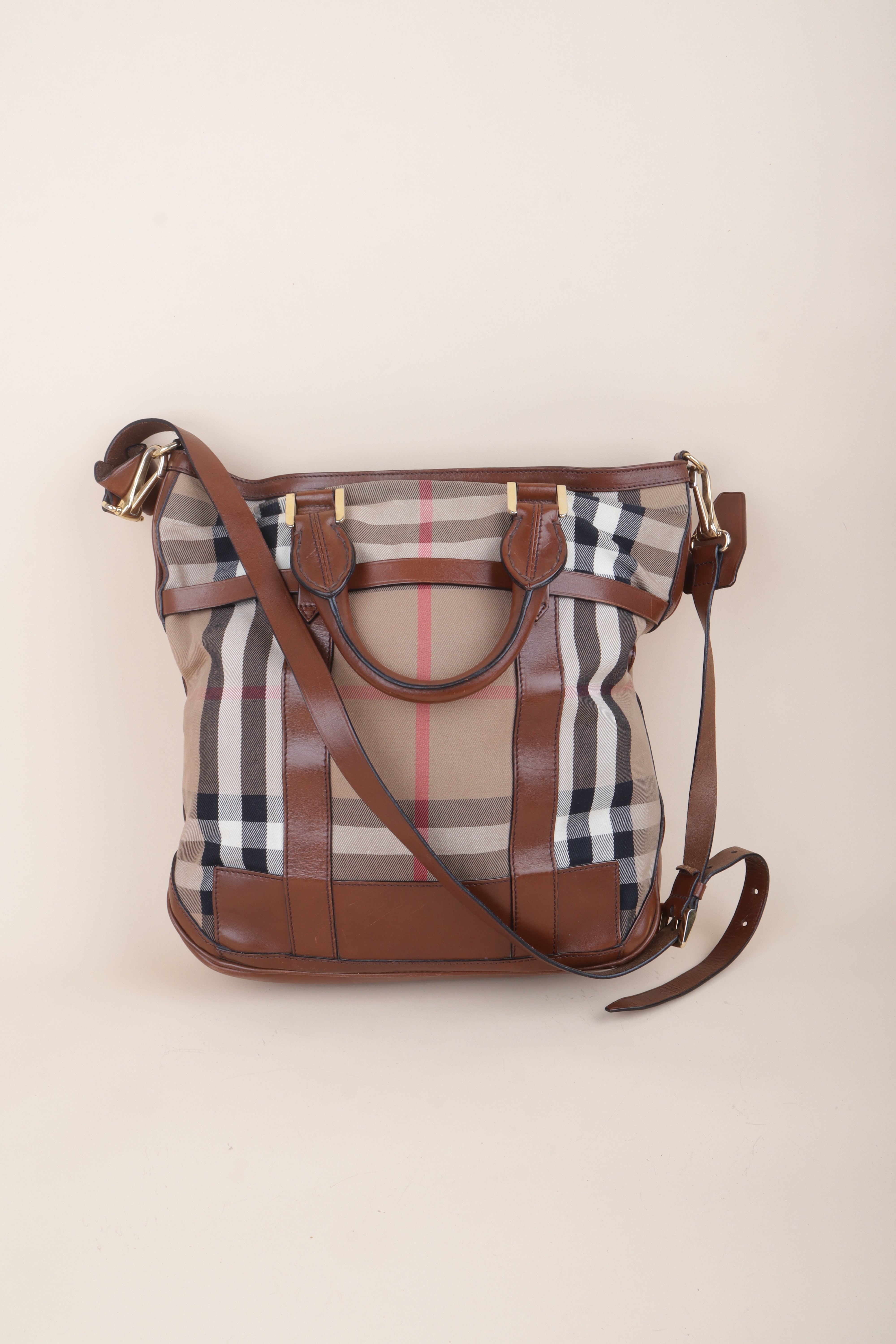 Burberry Bicolor House Check Bridle Kenny Tote Bag with Strap