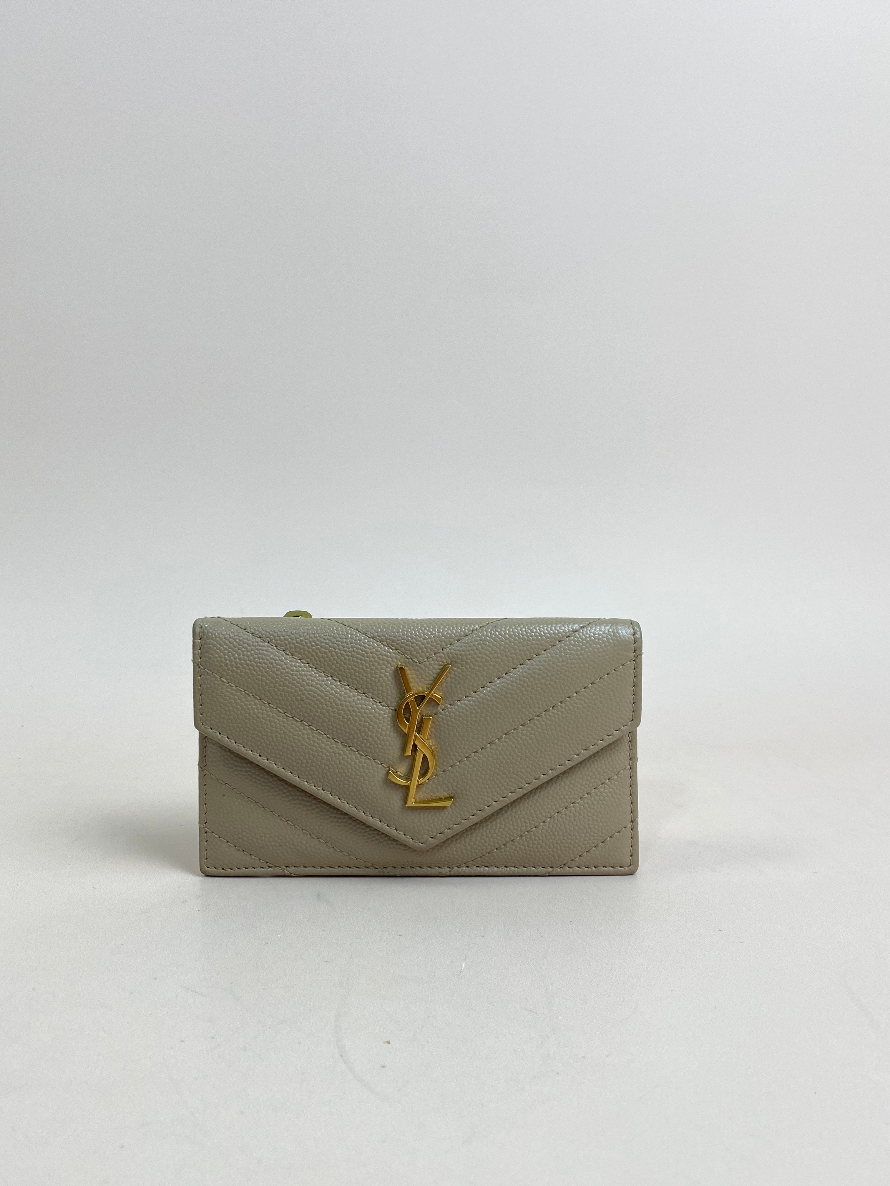 YSL Beige Quilted Cassandre Envelope Small Wallet