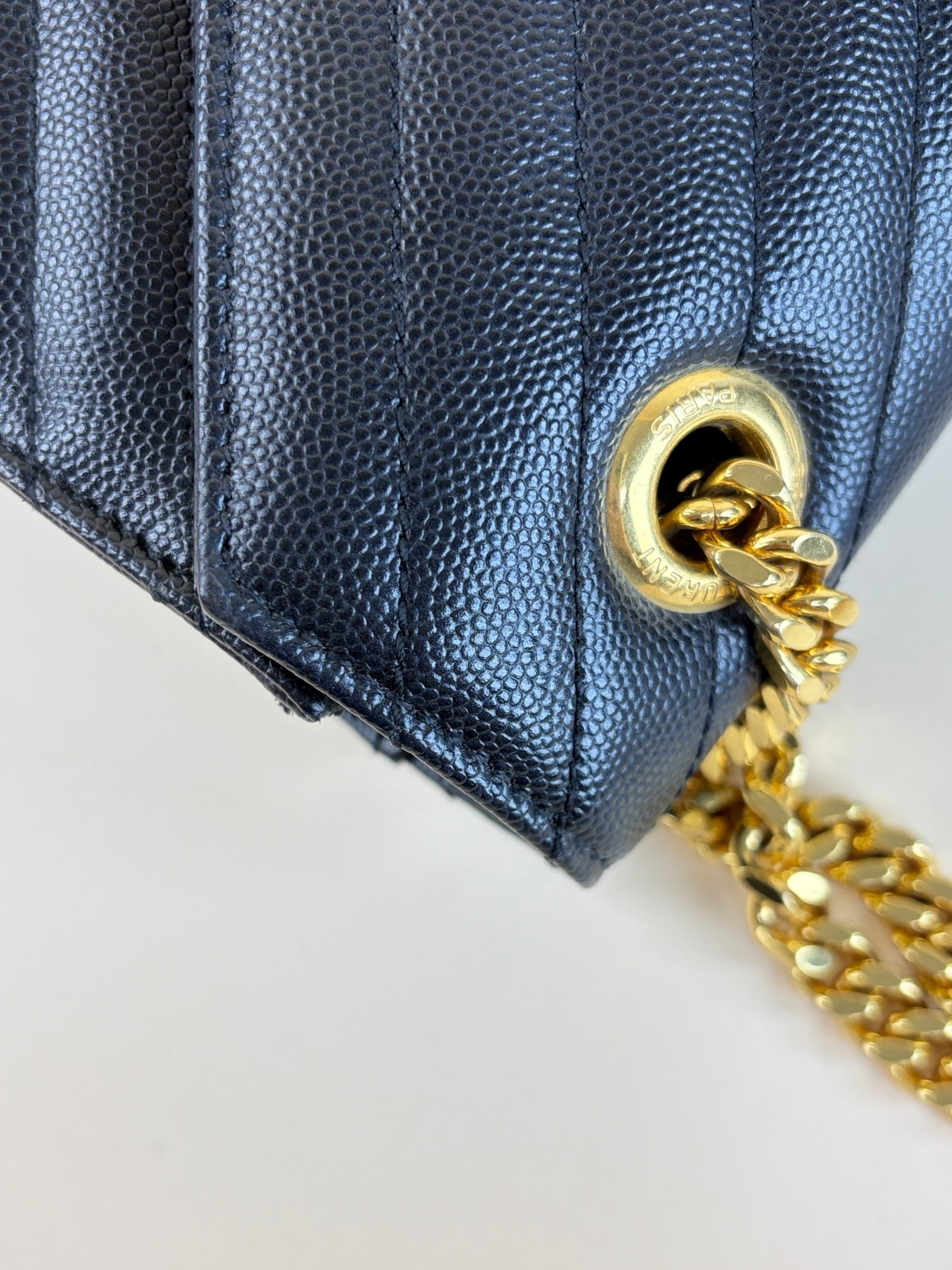 YSL Black Large Envelope Chevron Grain Shoulder Bag