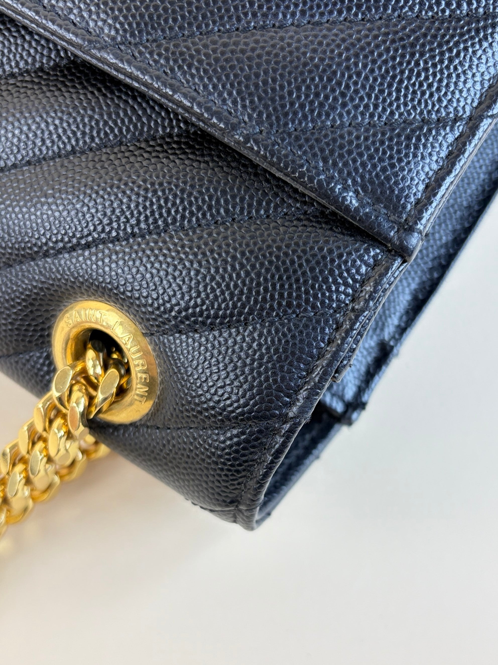 YSL Black Large Envelope Chevron Grain Shoulder Bag
