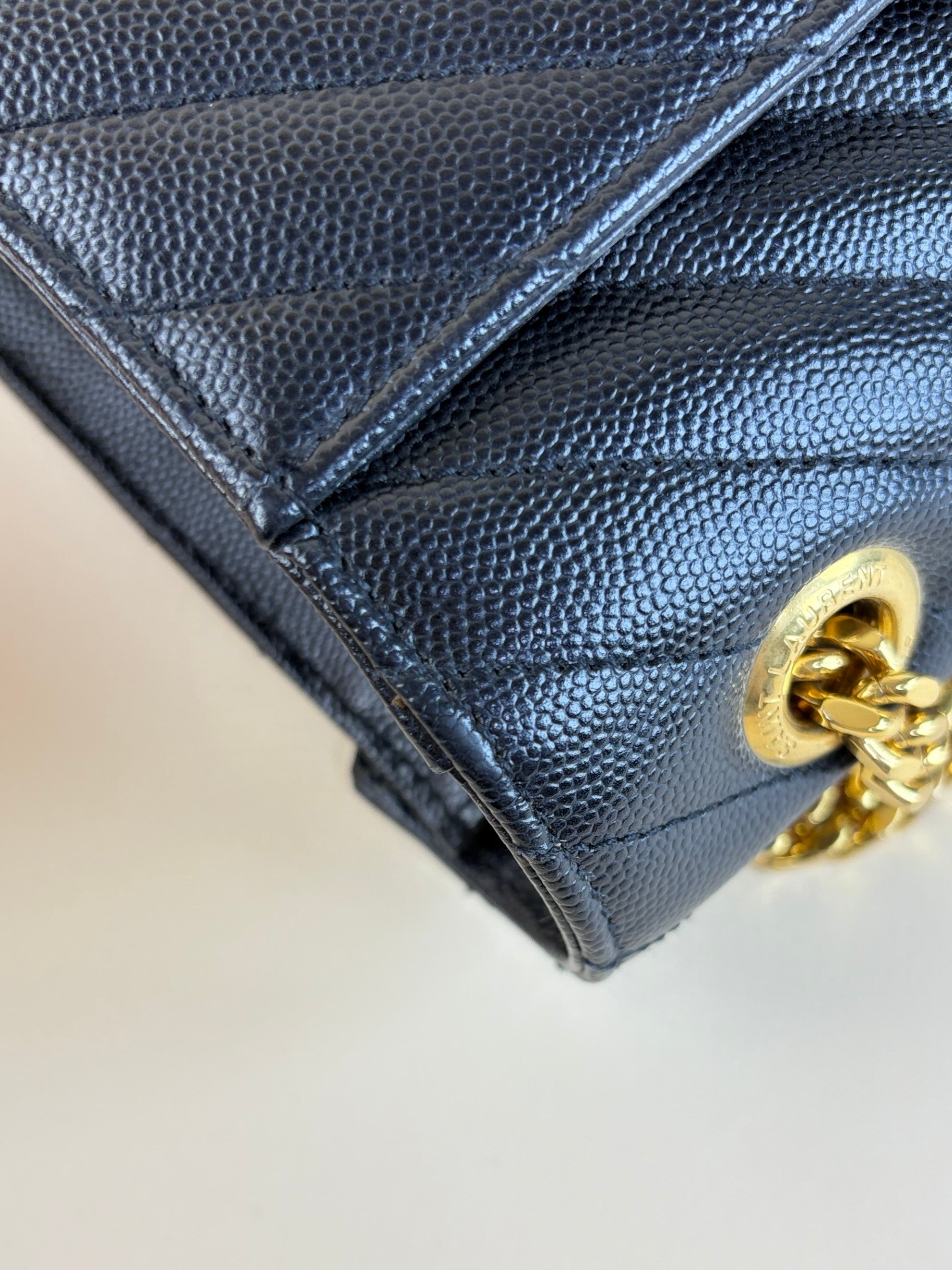 YSL Black Large Envelope Chevron Grain Shoulder Bag