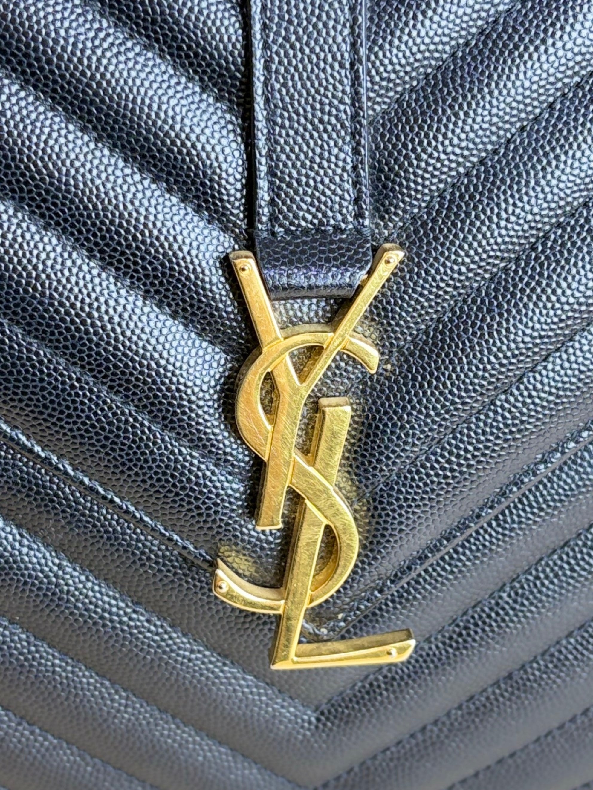 YSL Black Large Envelope Chevron Grain Shoulder Bag