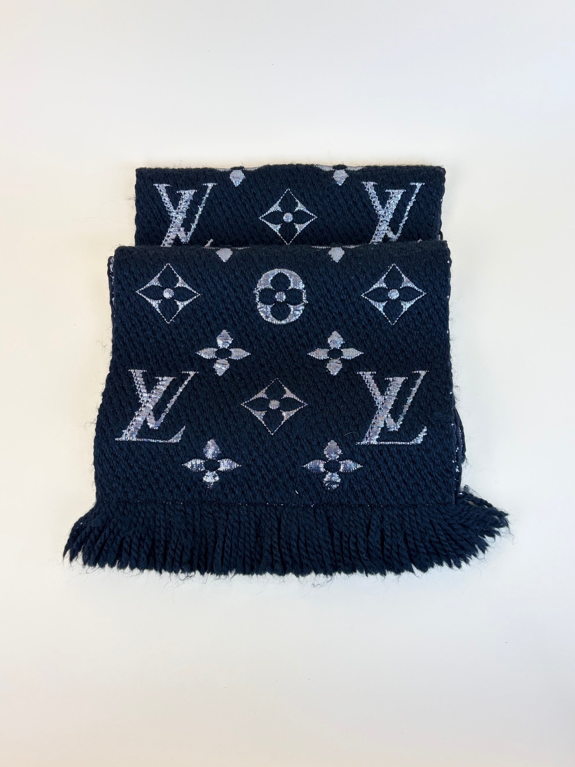 louis Vuitton black monogram logomania shiny wool scarf
