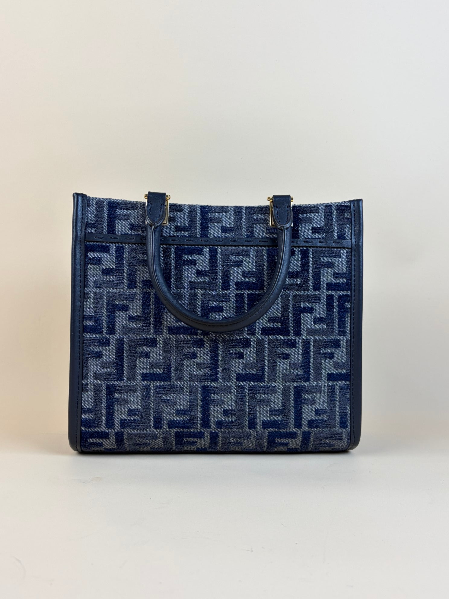 Fendi dark blue FF chenille shopper small Tote Bag with Strap