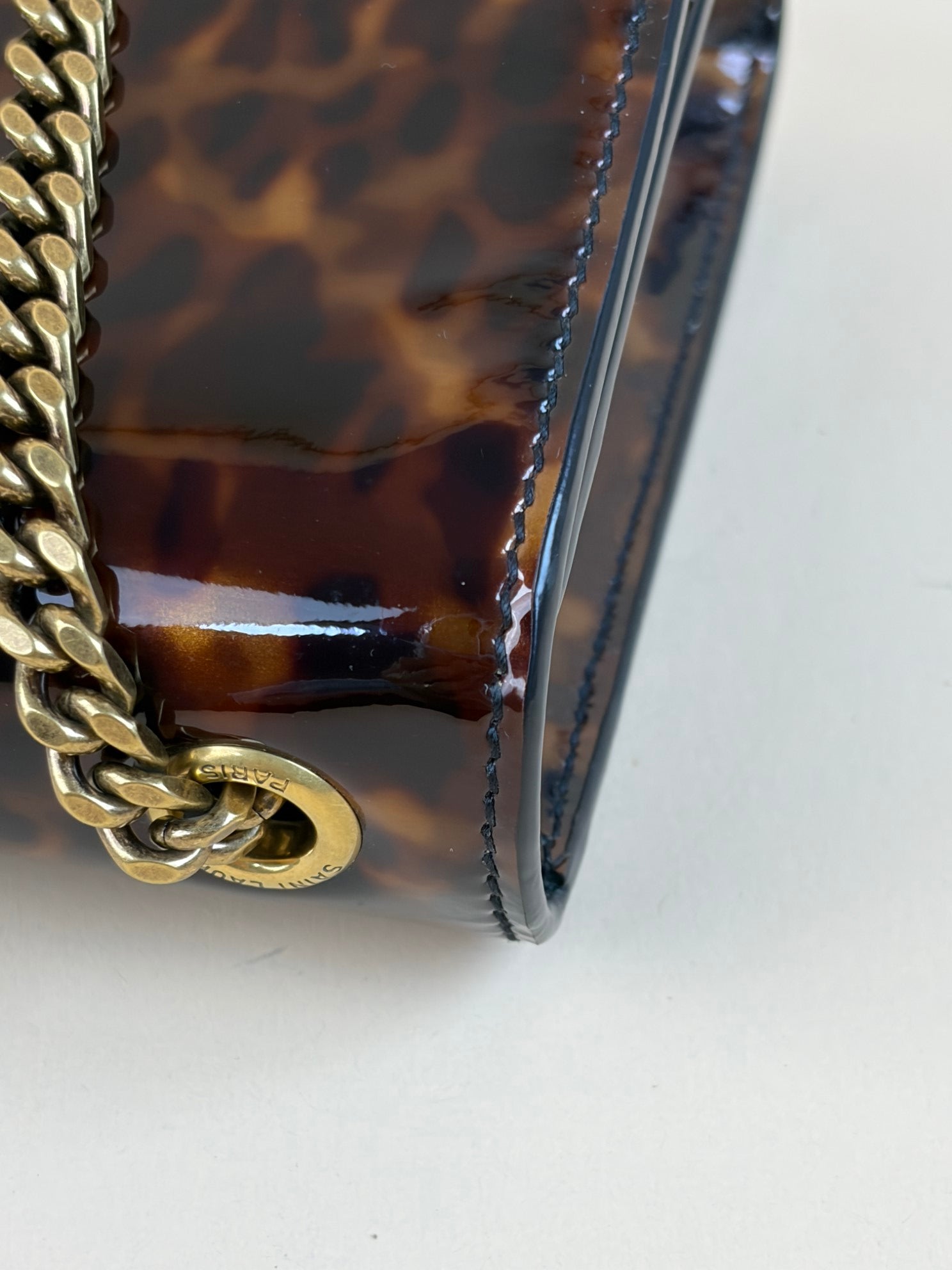 YSL tortise shell small kat patent monogram with chains