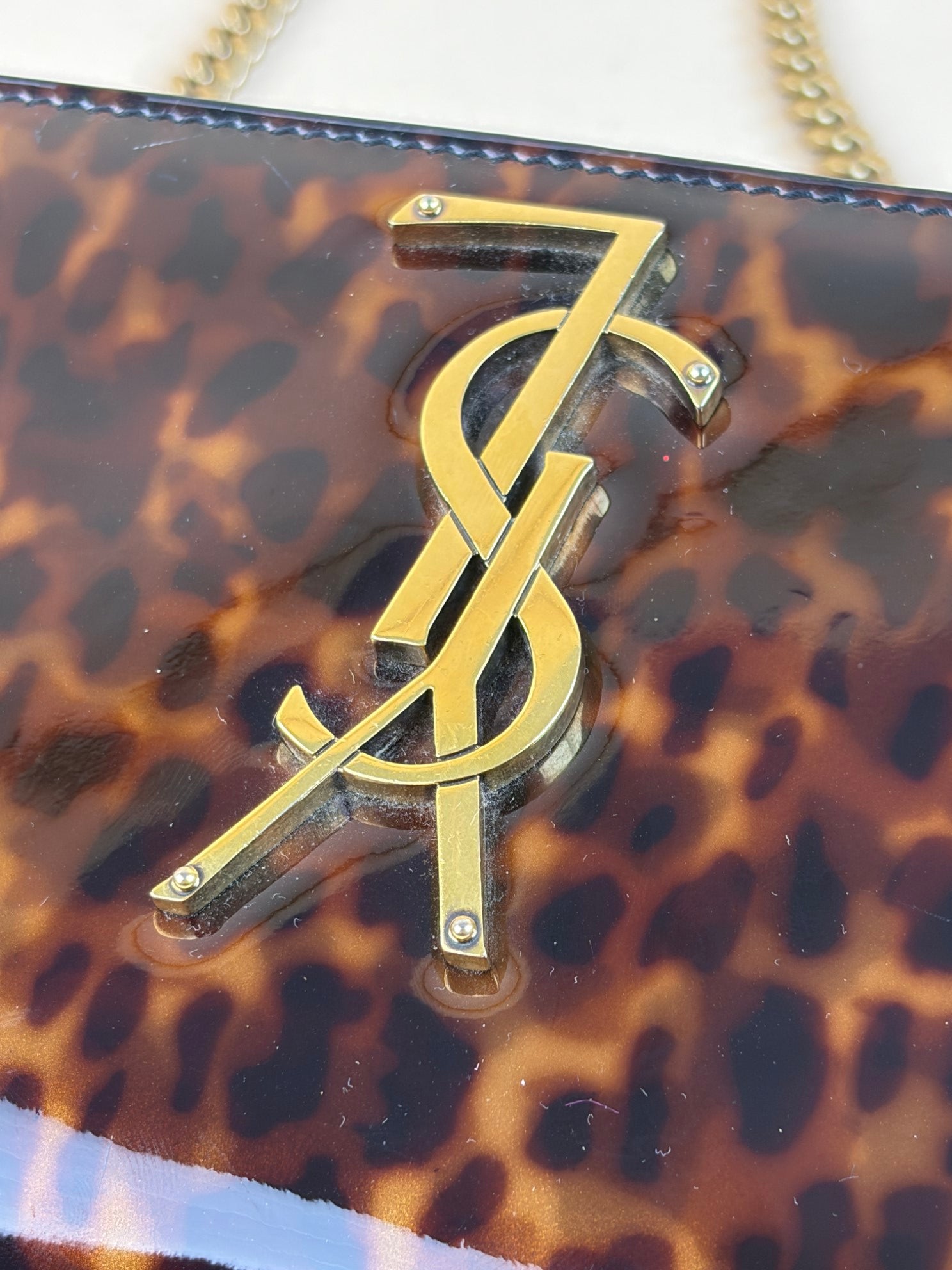 YSL tortise shell small kat patent monogram with chains