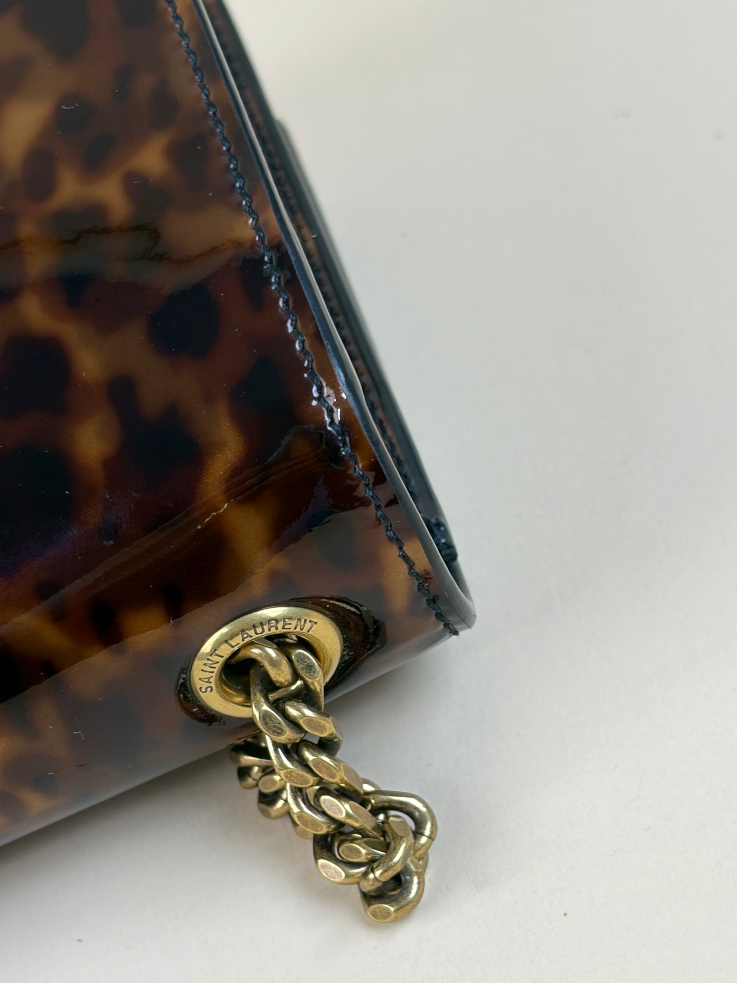 YSL tortise shell small kat patent monogram with chains