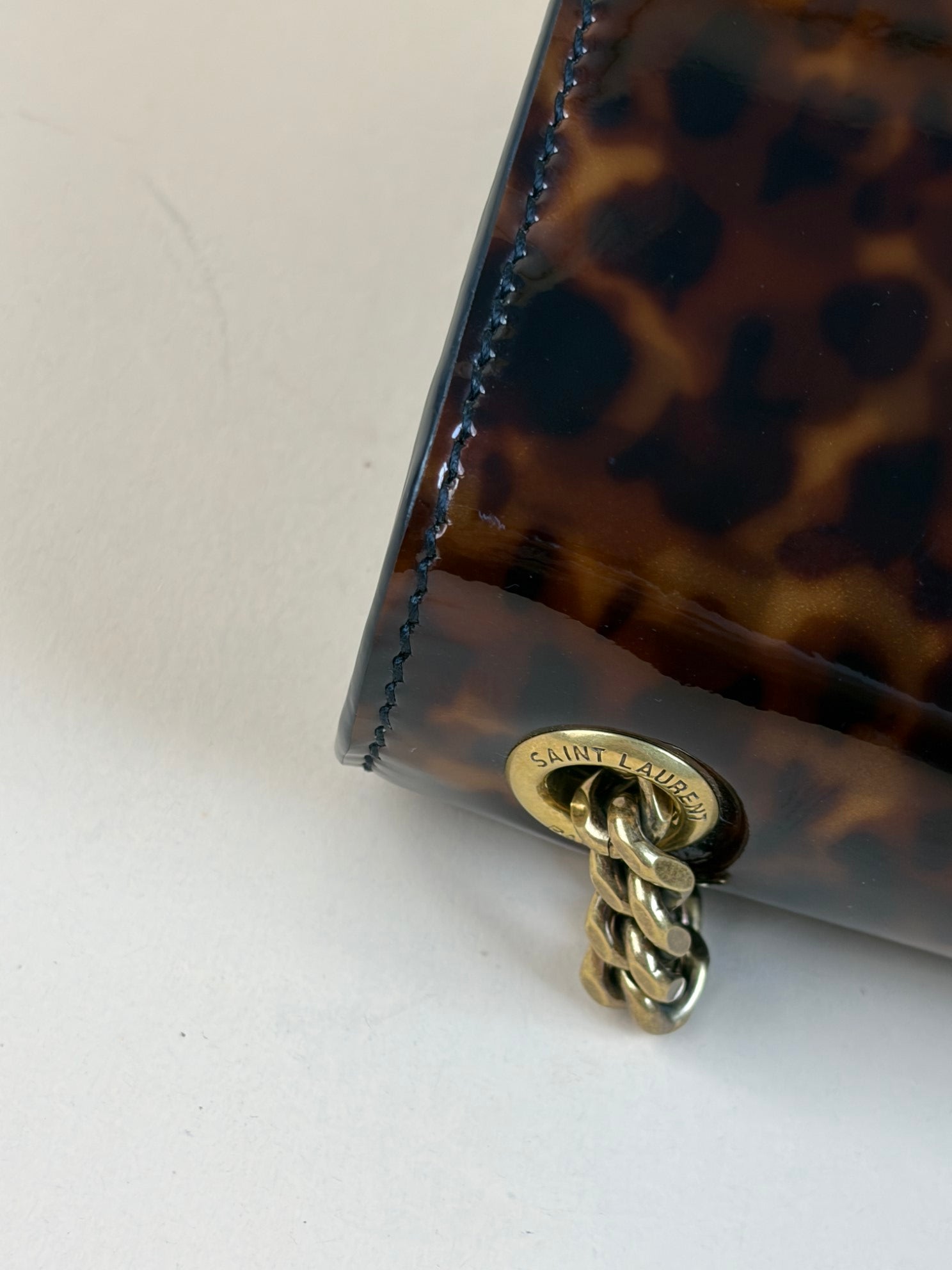 YSL tortise shell small kat patent monogram with chains