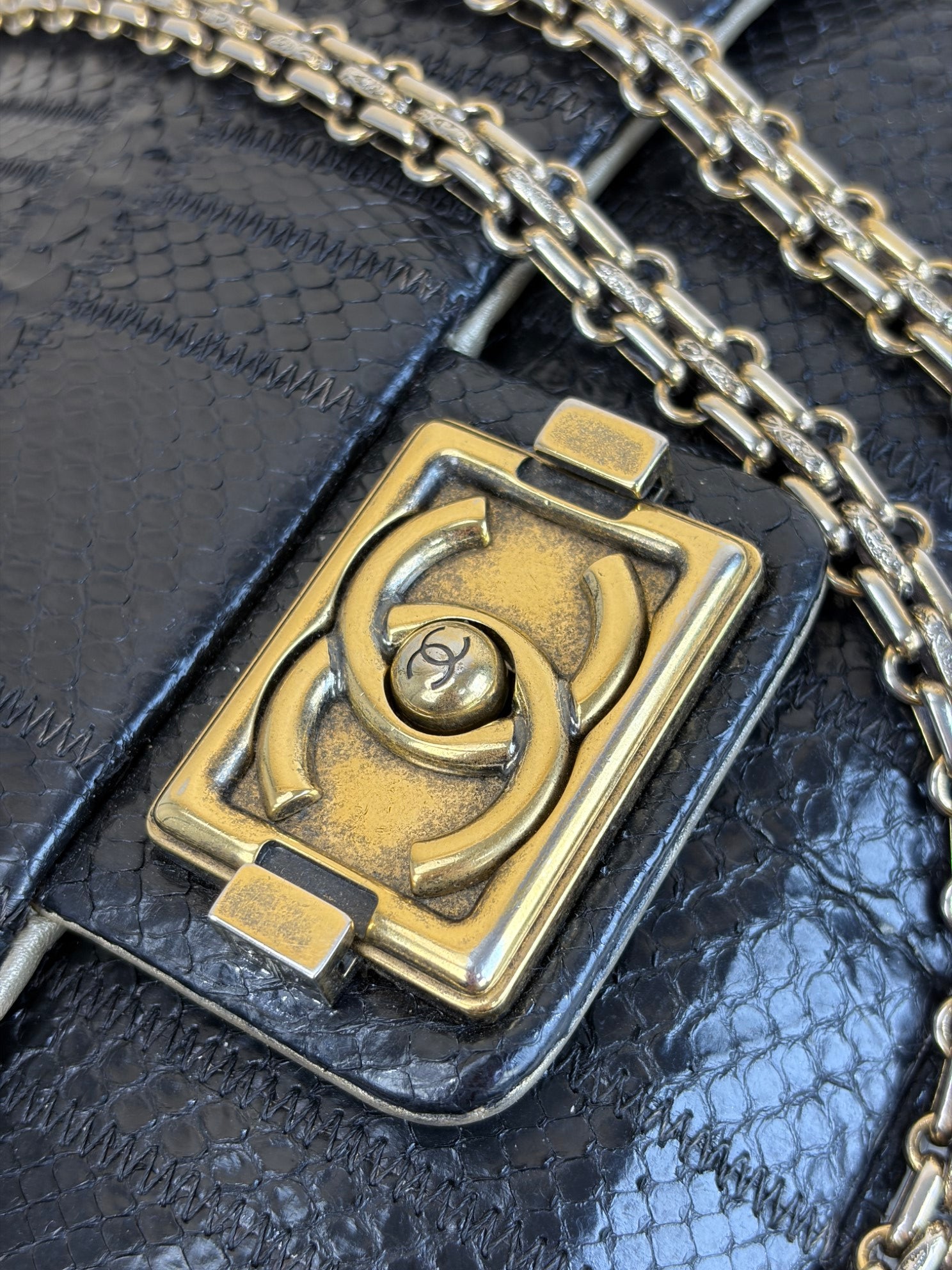 Chanel Black Python Classic Jumbo Shoulder Bag