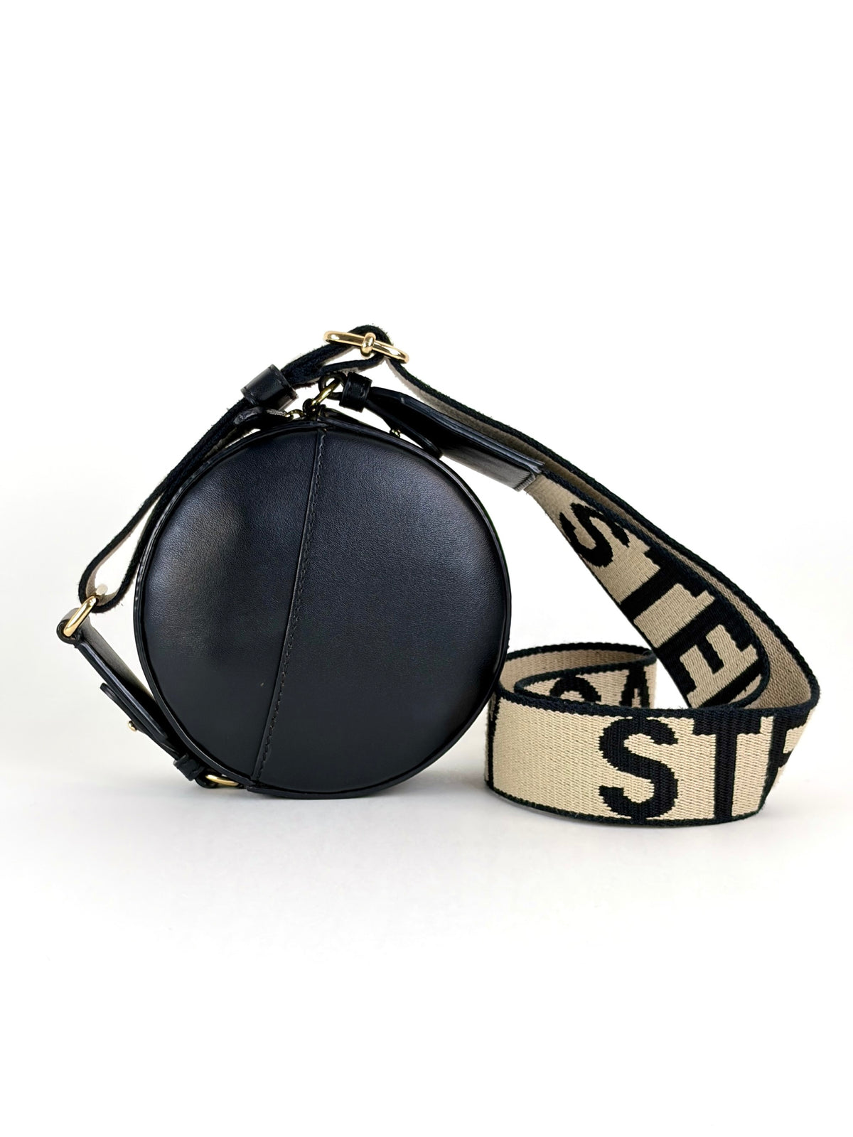 Stella Mccartney black mini round LOGO cross body bag