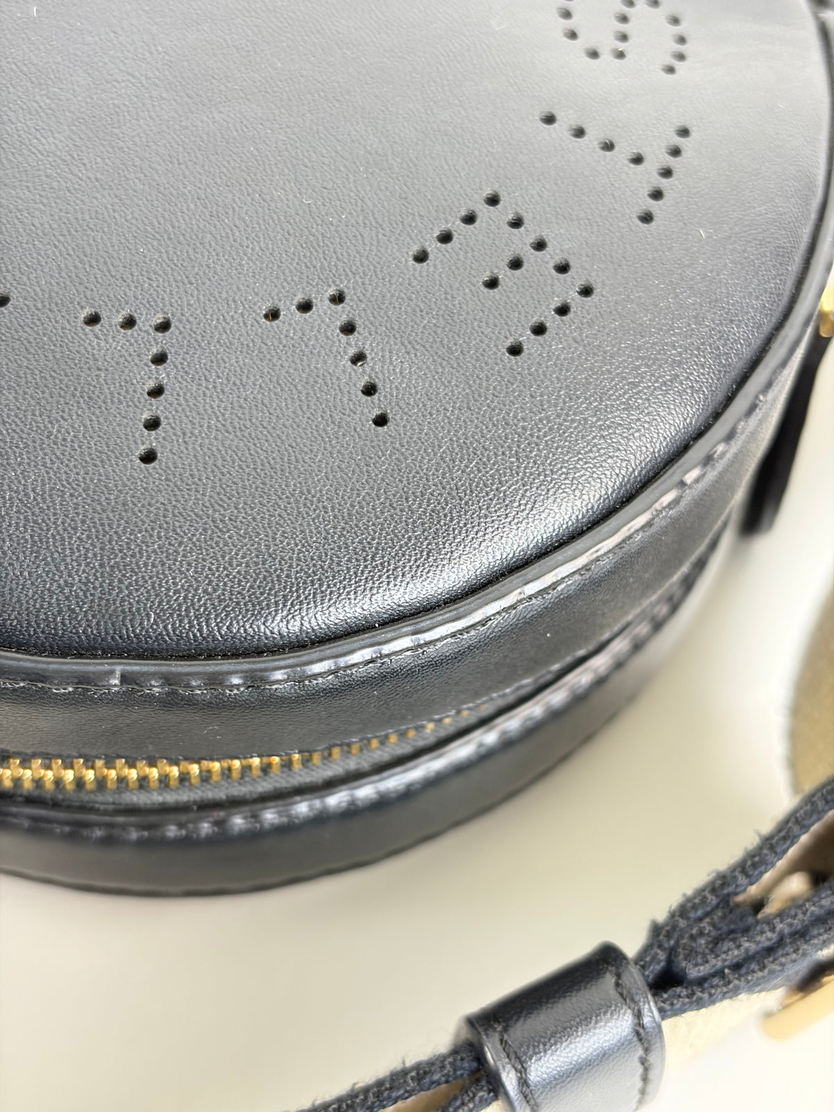 Stella Mccartney black mini round LOGO cross body bag