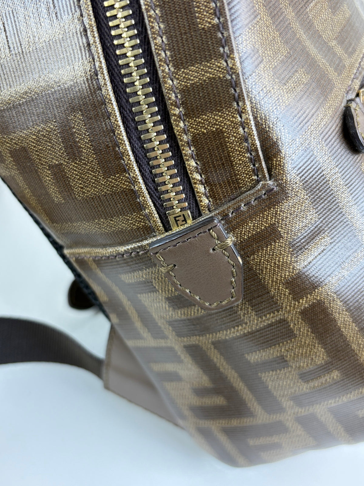 Fendi x fila glazed fabric vitello century ff 1974 mania pouch pocket backpack mogano panna blueberry