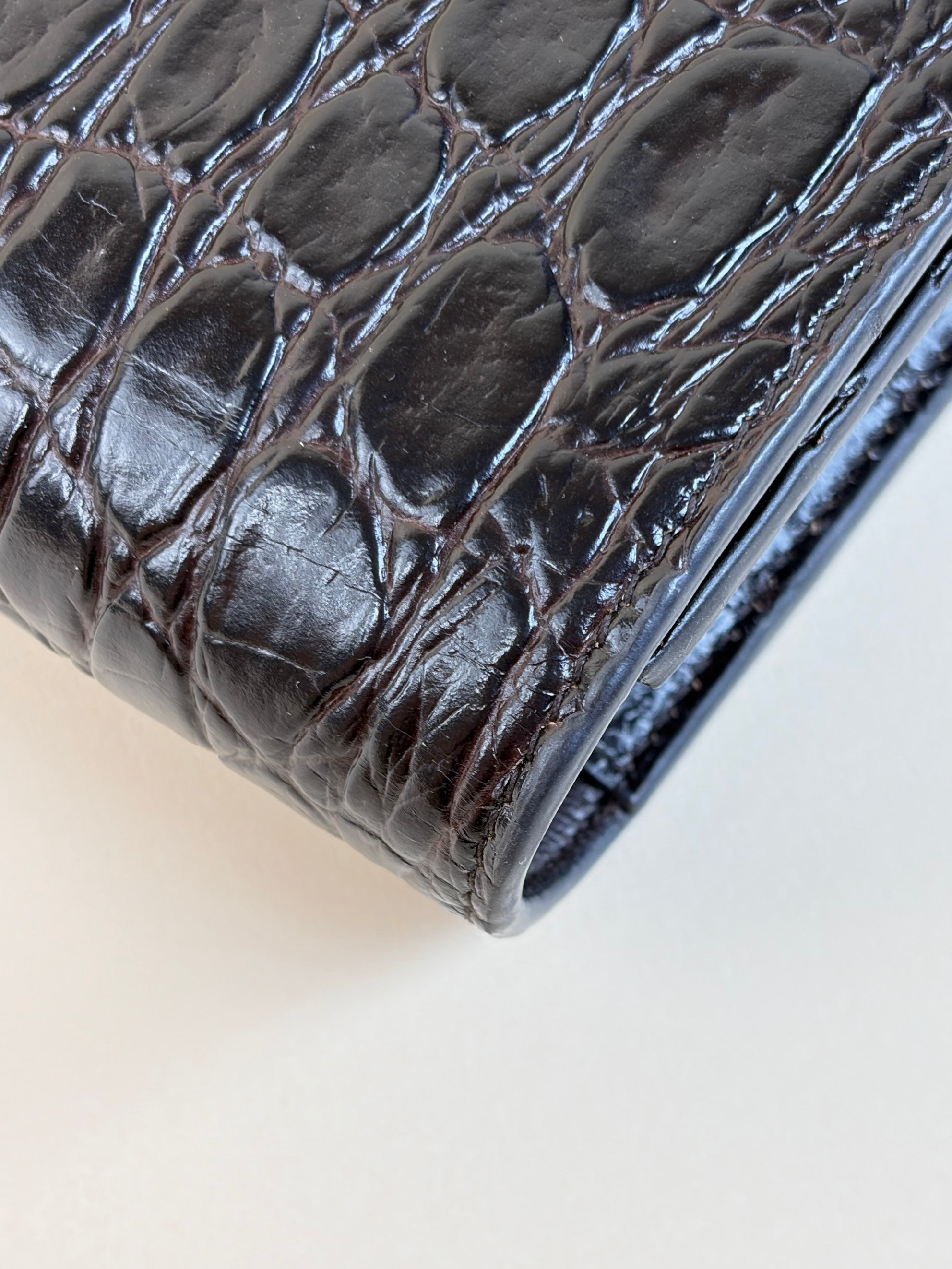 YSL Black calfskin dark-brown crocodile embossed Kate tassel chain wallet