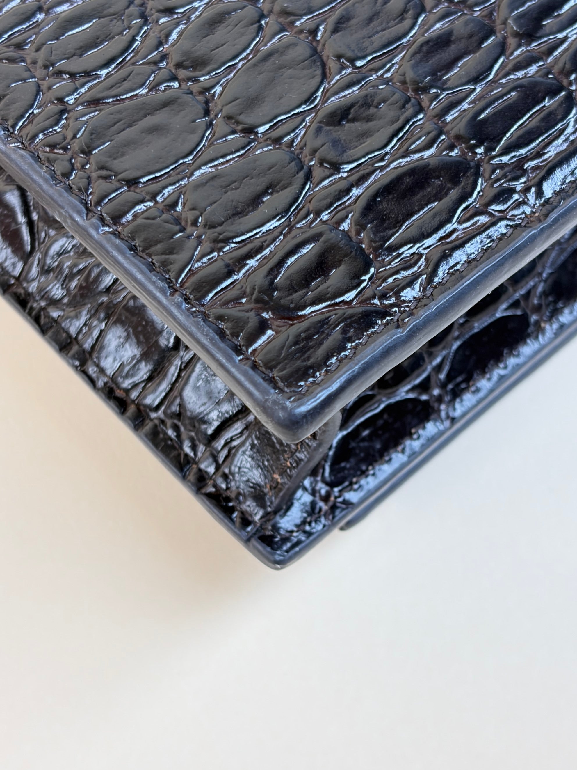 YSL Black calfskin dark-brown crocodile embossed Kate tassel chain wallet