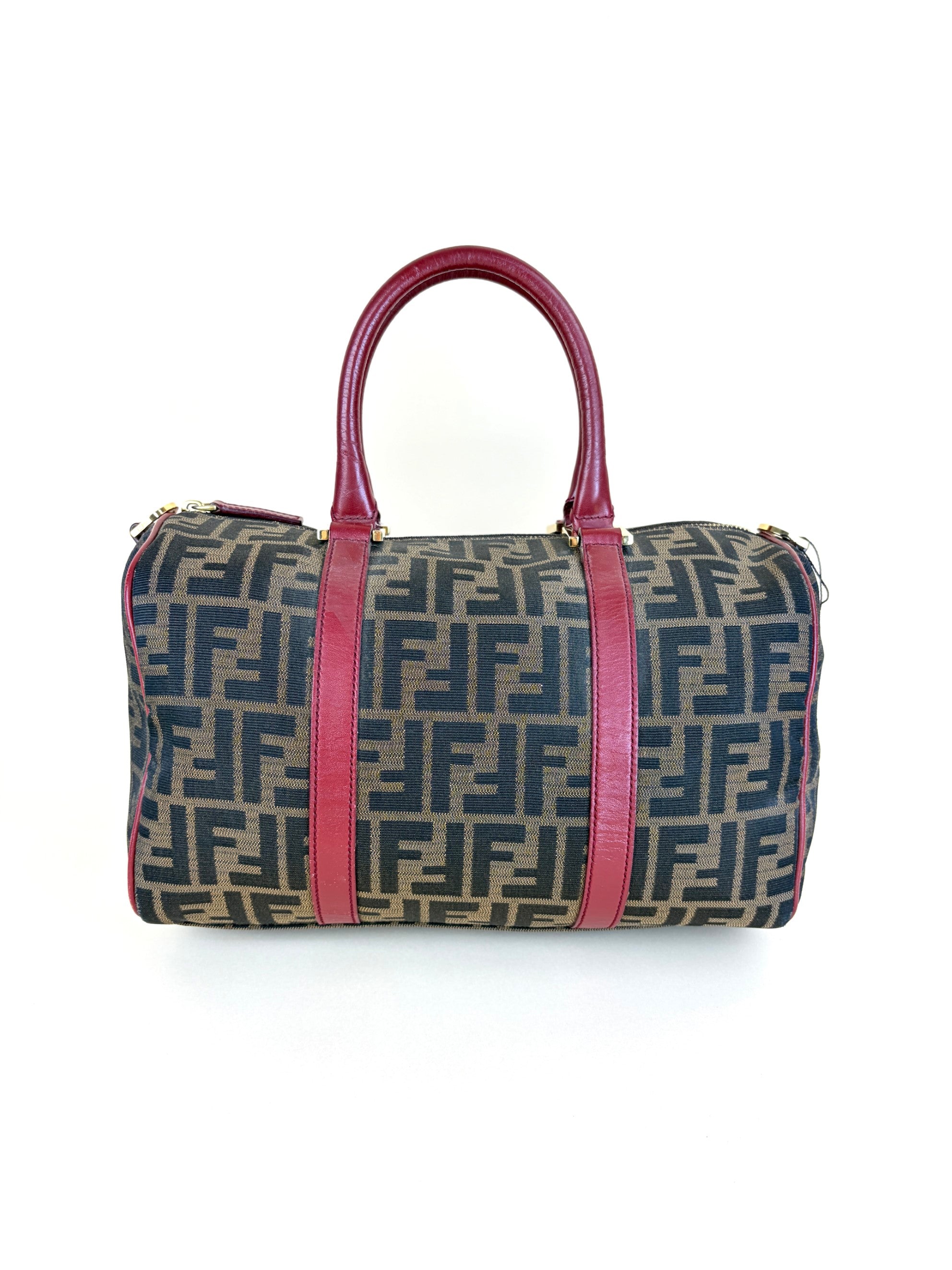 Fendi  Zucca Boston tobacco canvas red leather convertible medium Boston
