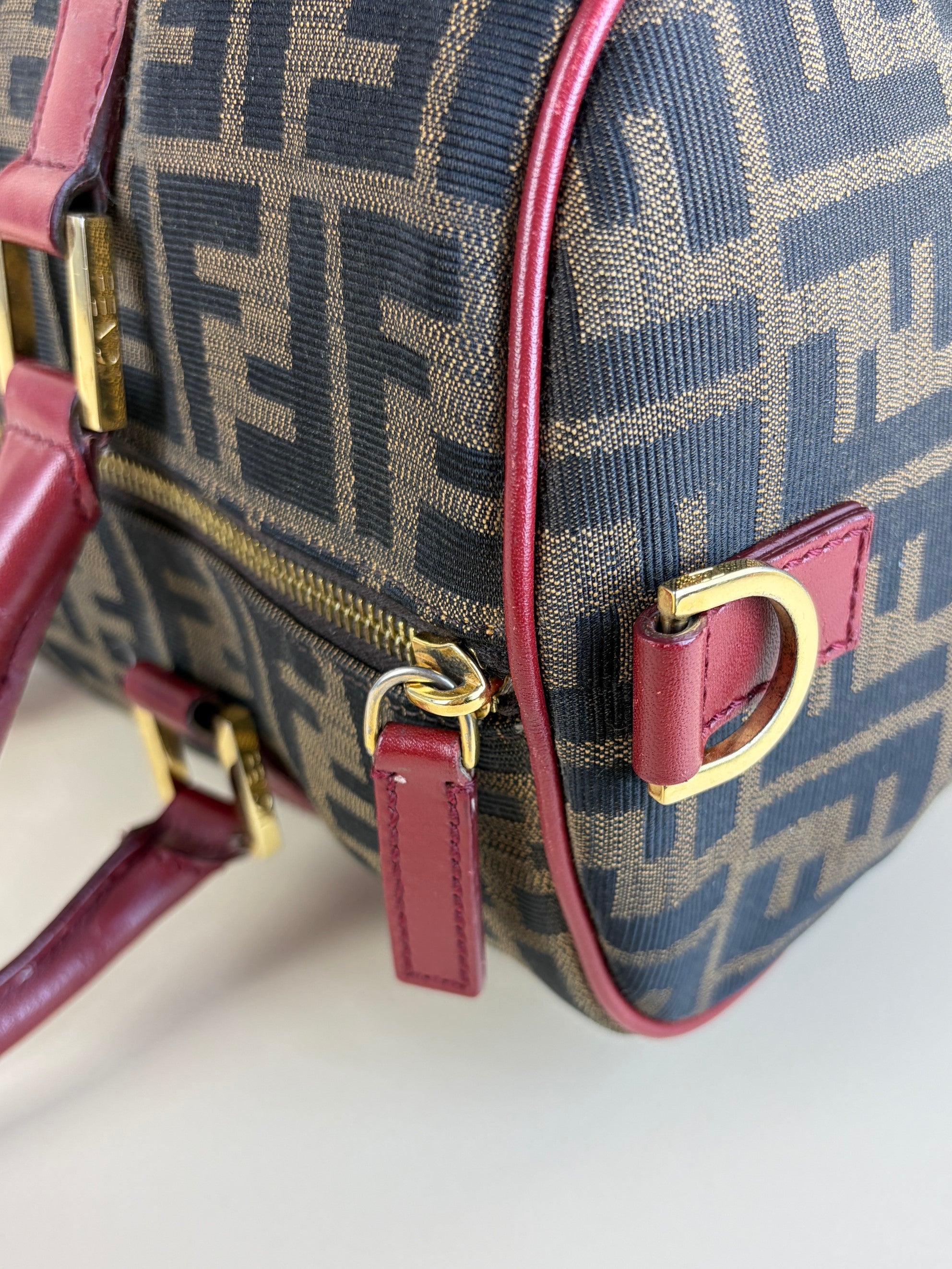 Fendi  Zucca Boston tobacco canvas red leather convertible medium Boston