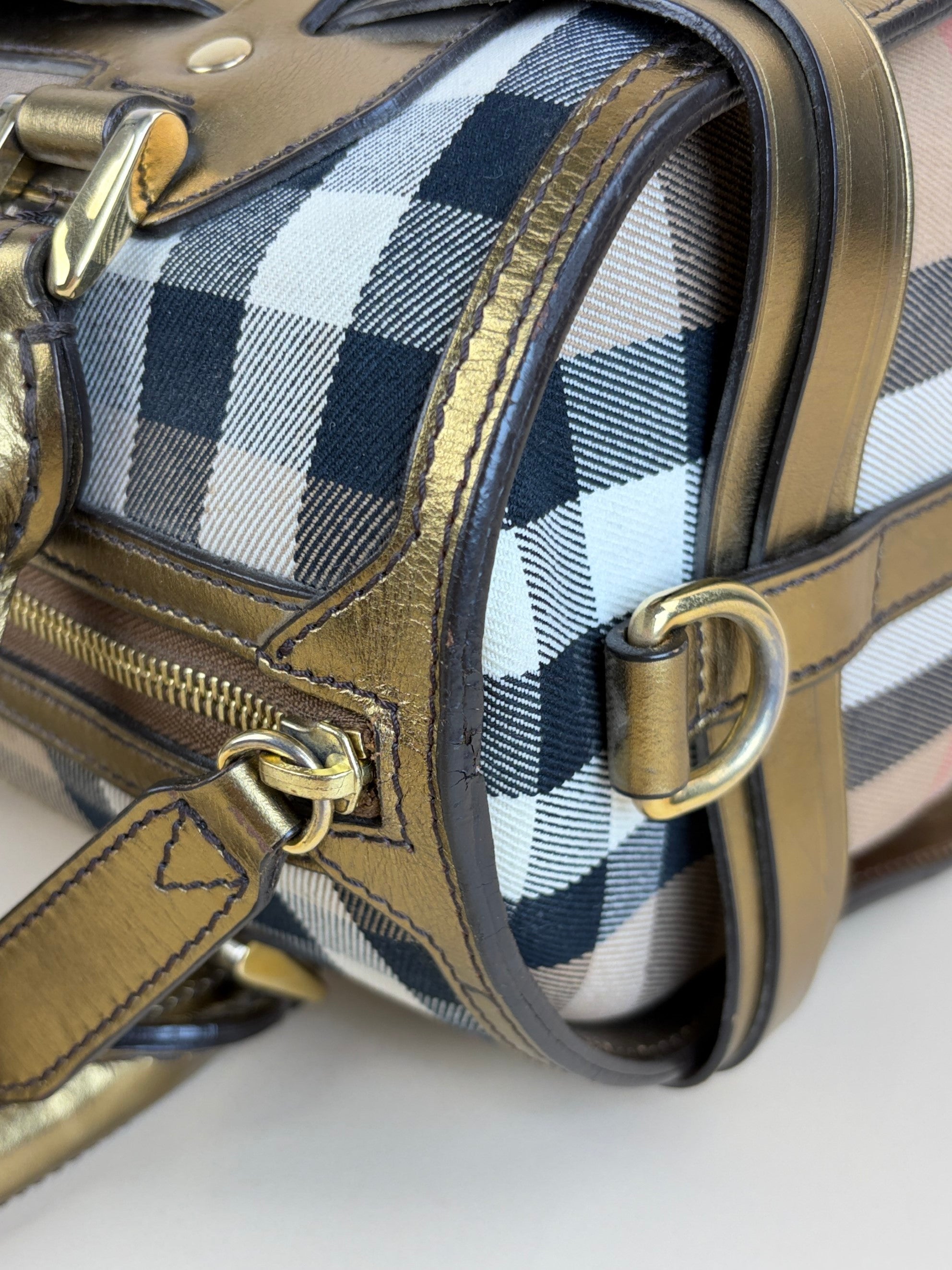 Burberry gold leather house check bridle chaste bowler bag